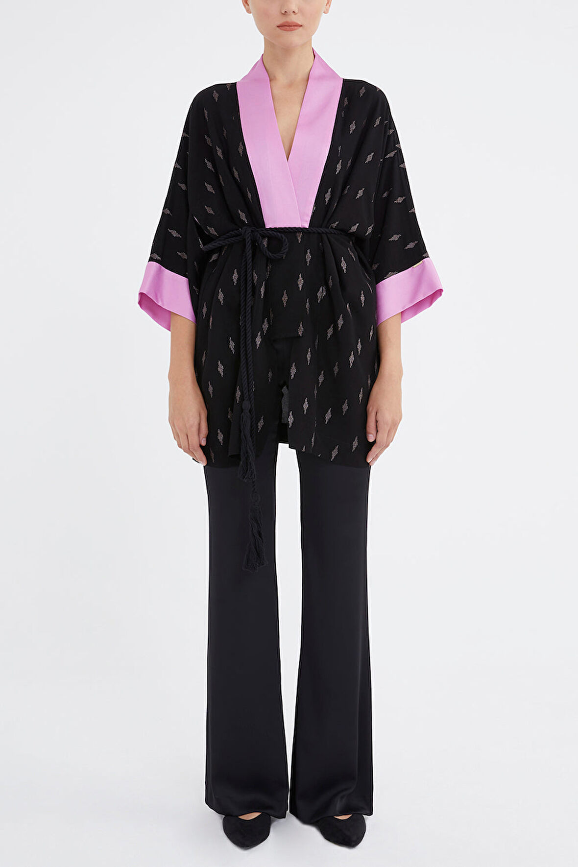 Siyah Kontrast renkli kimono bluz 19757 | 42