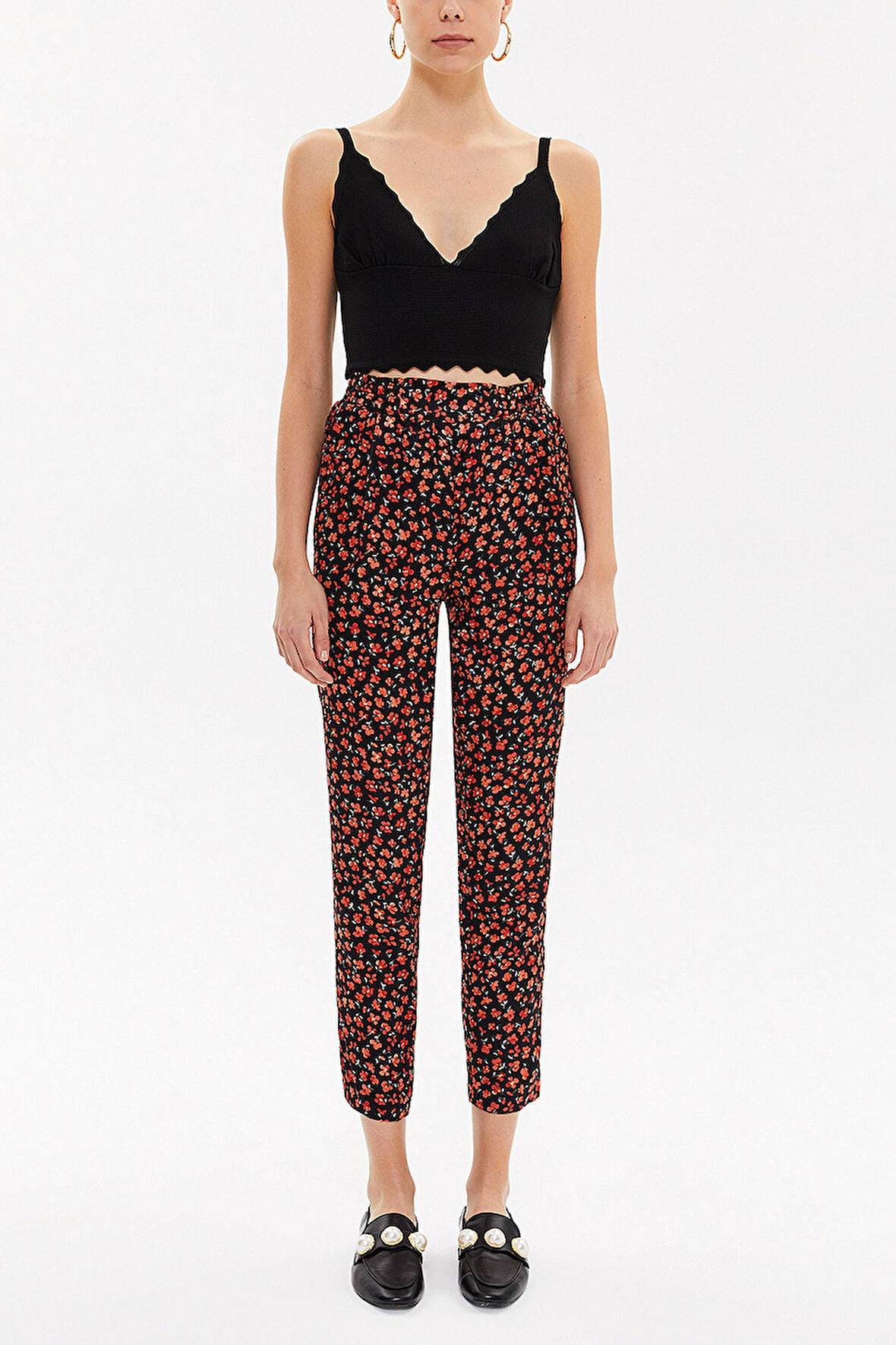 Siyah Kırmızı Lastikli bol kesim pantolon 41341 | 48