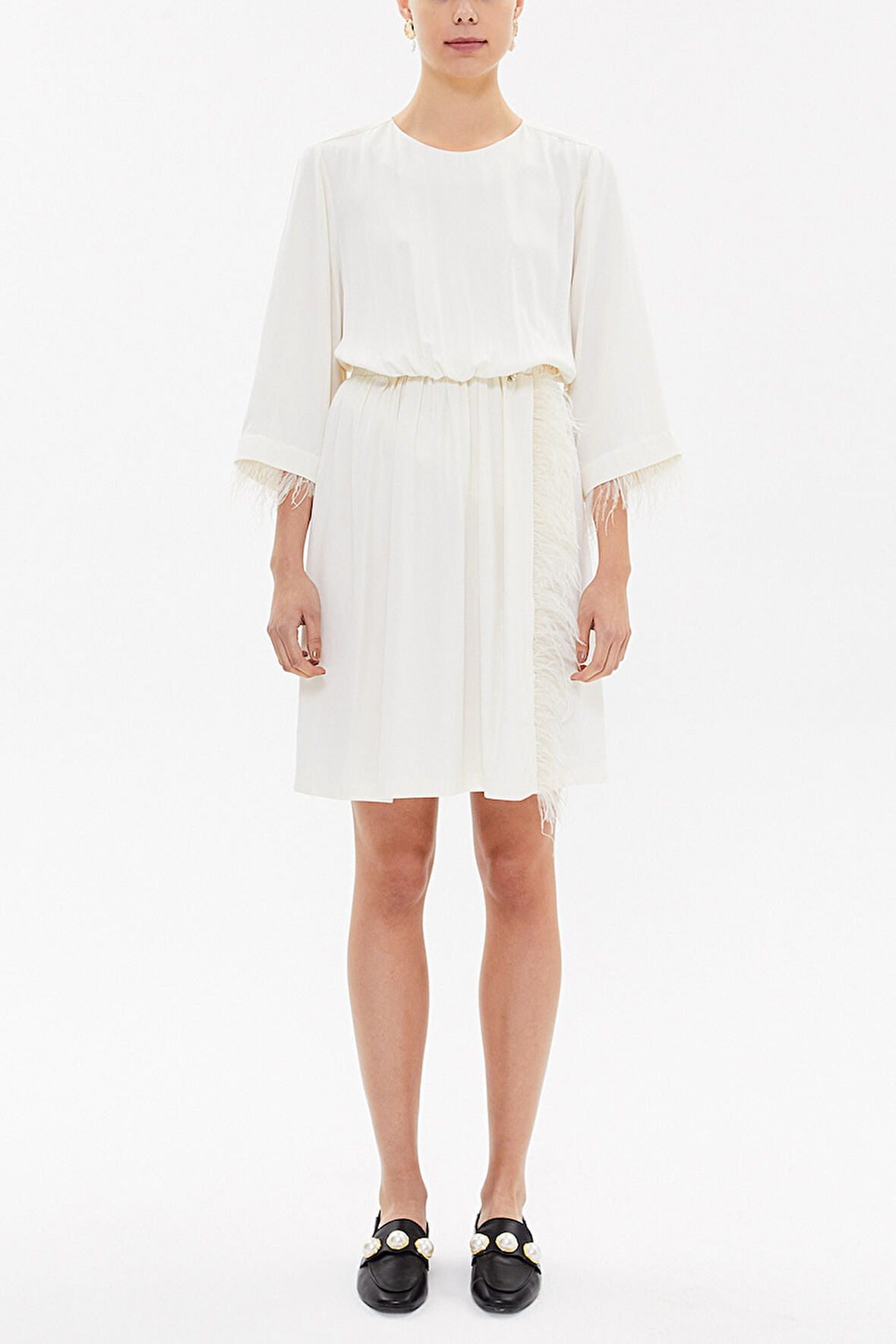 Ekru Tüylü ve yırtmaçlı mini elbise 93008 | 42