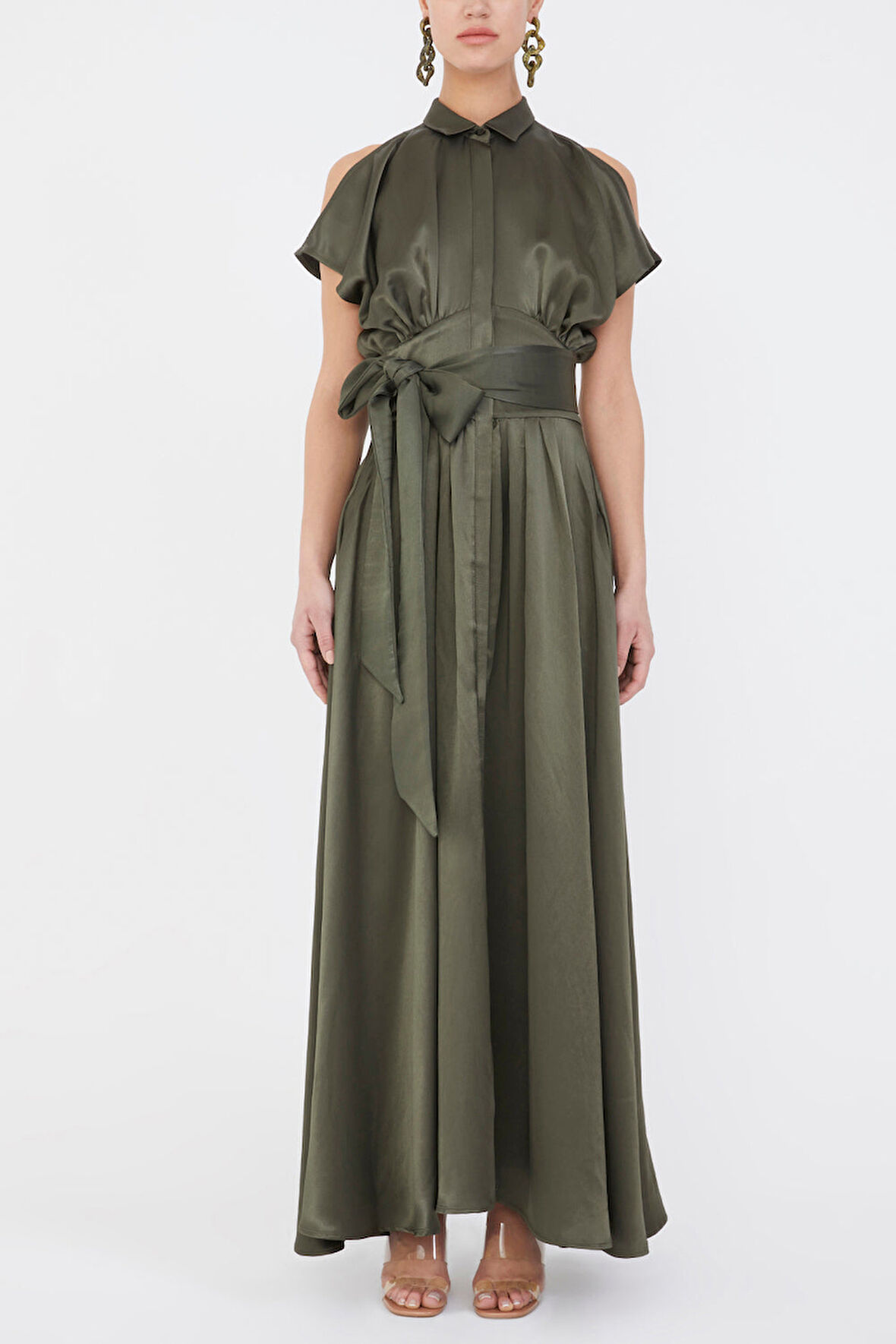 Haki Belden bağlamalı uzun elbise 92982 | 40
