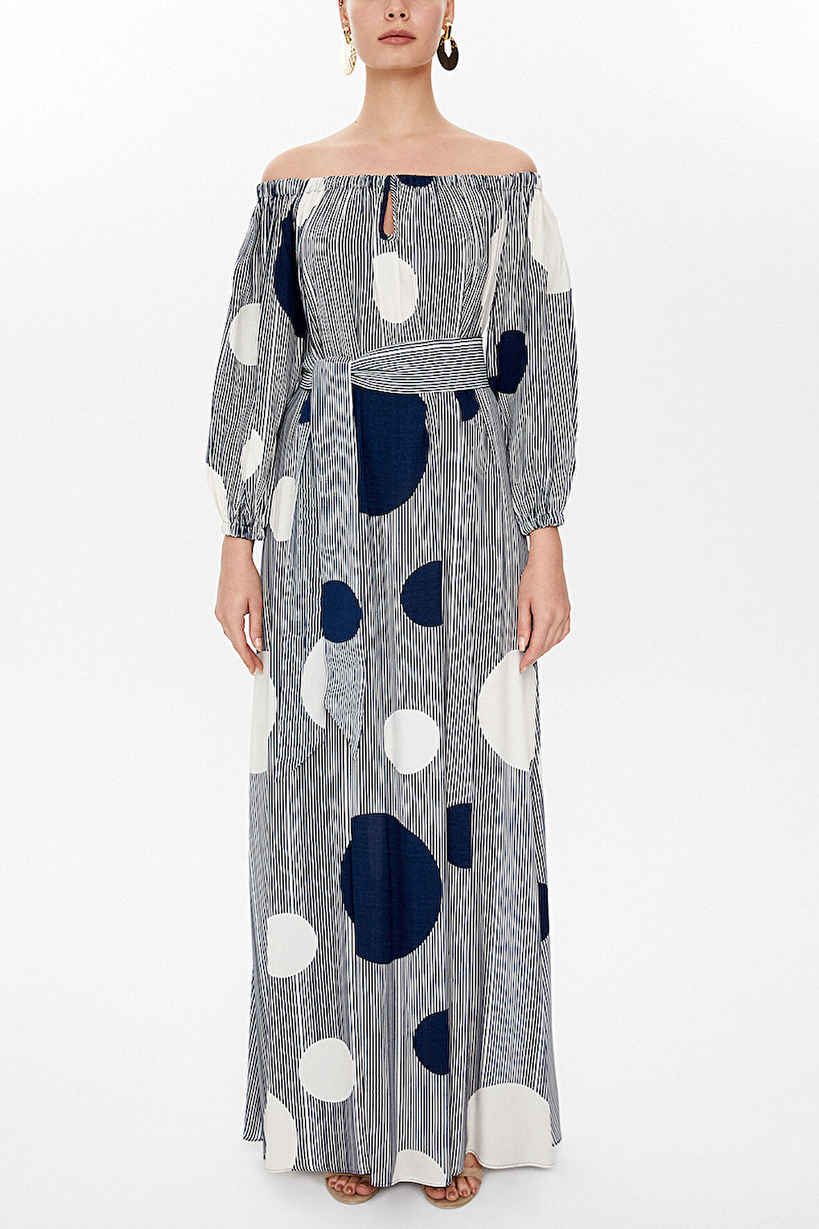 Çizgili Kayık yaka uzun elbise 93111 | 42