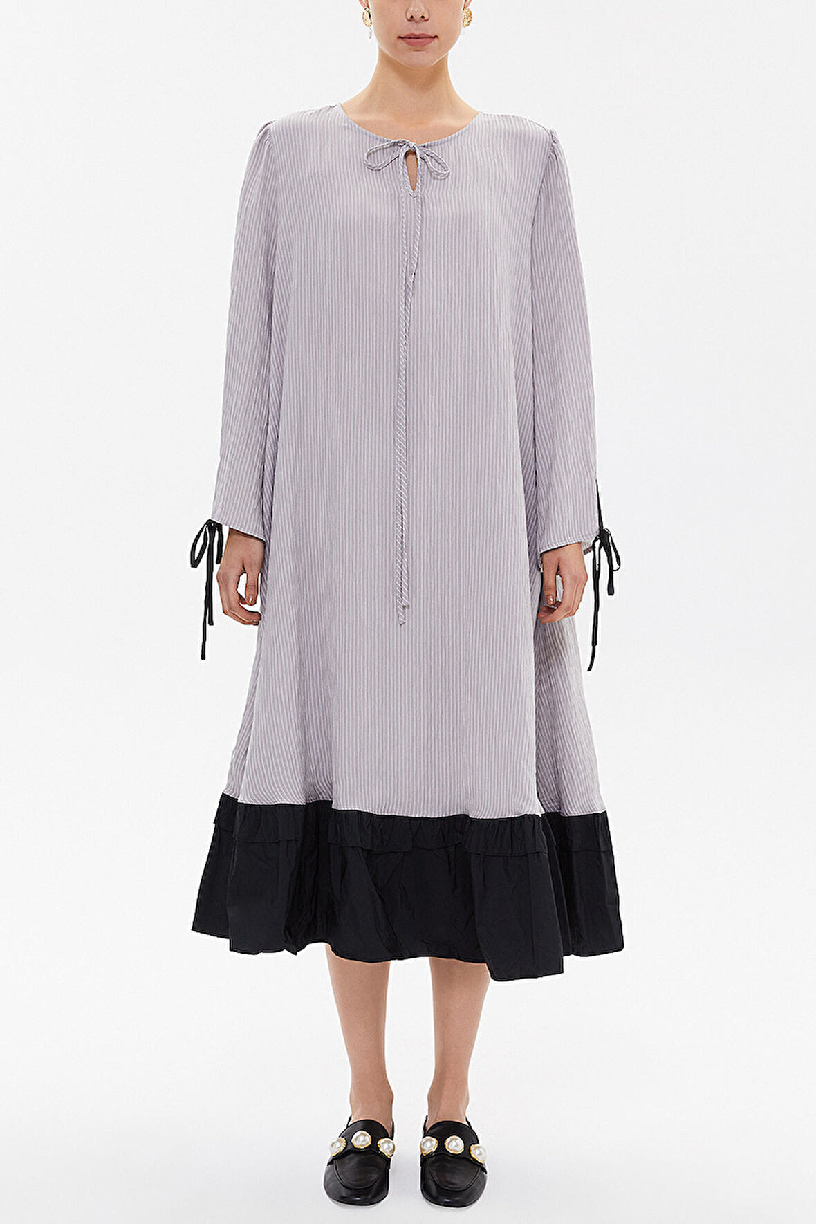 Gri Önü piliseli midi elbise 93152 | M