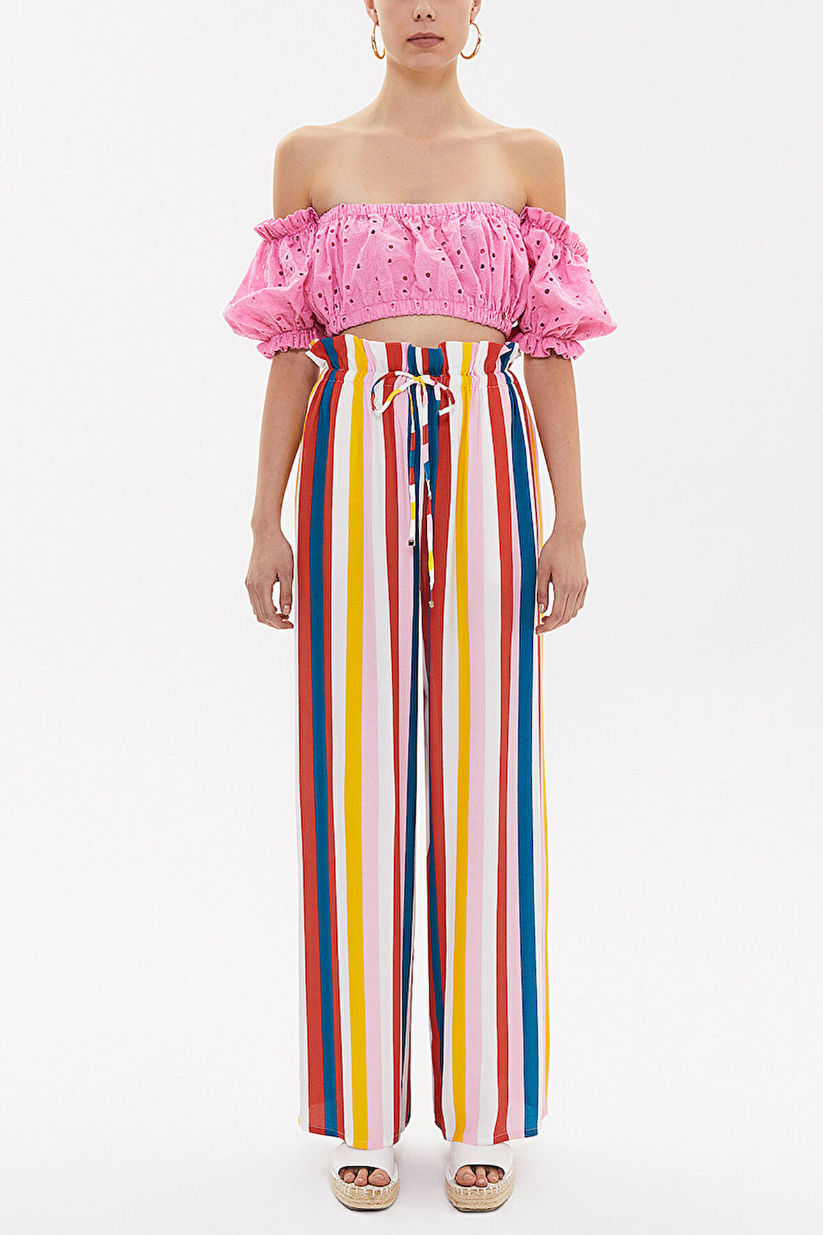 Çizgili Bol kesim beli lastikli pantolon 41369 | 44