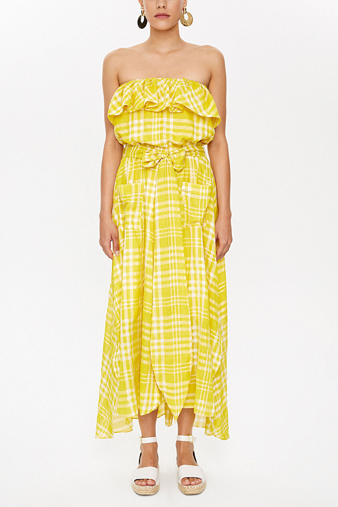 Asit Sarı Straplez belden bağlamalı elbise 93116 | 42