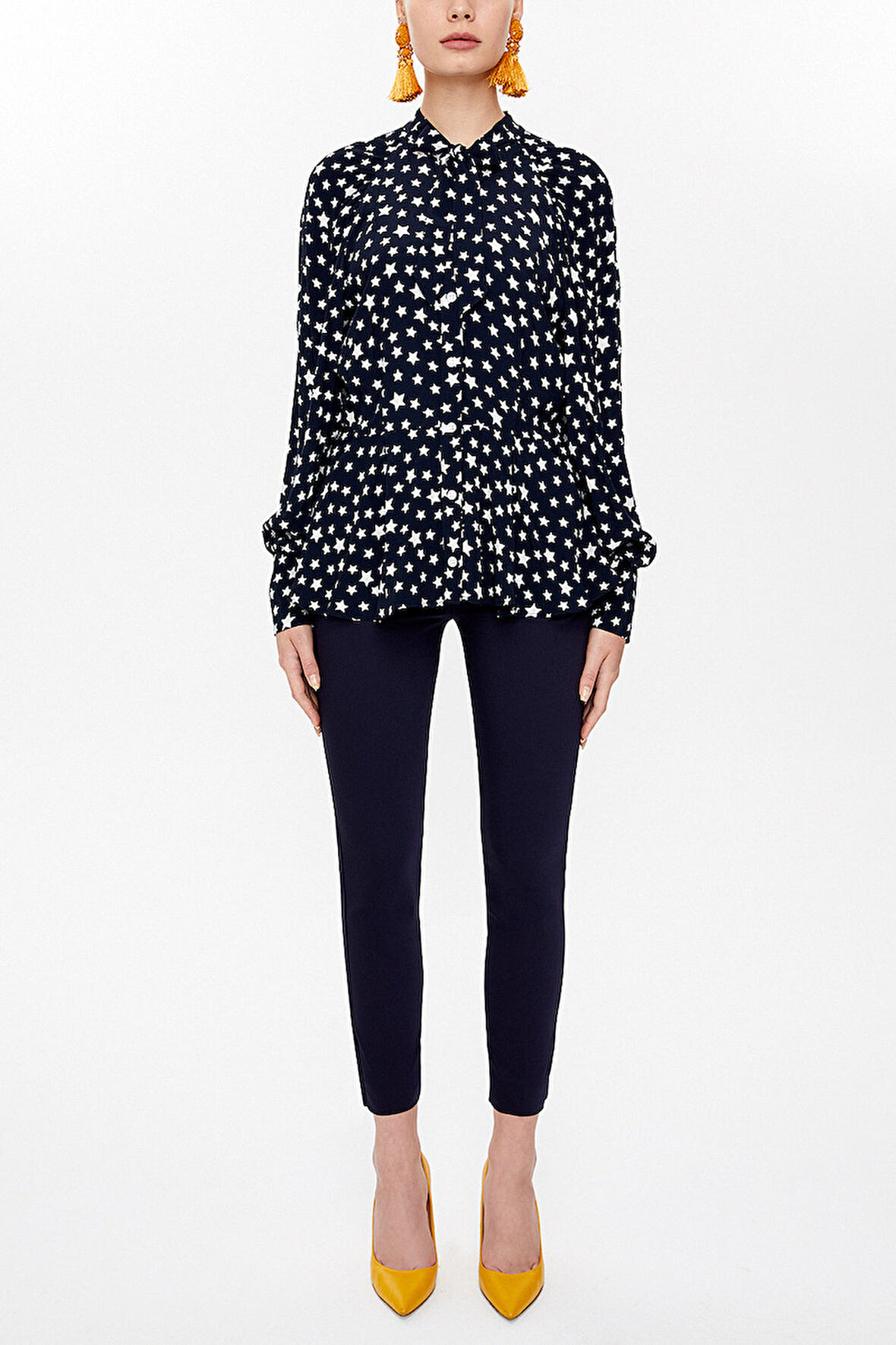 Siyah Yakası bağlamalı balon kollu gömlek 10748 | 40