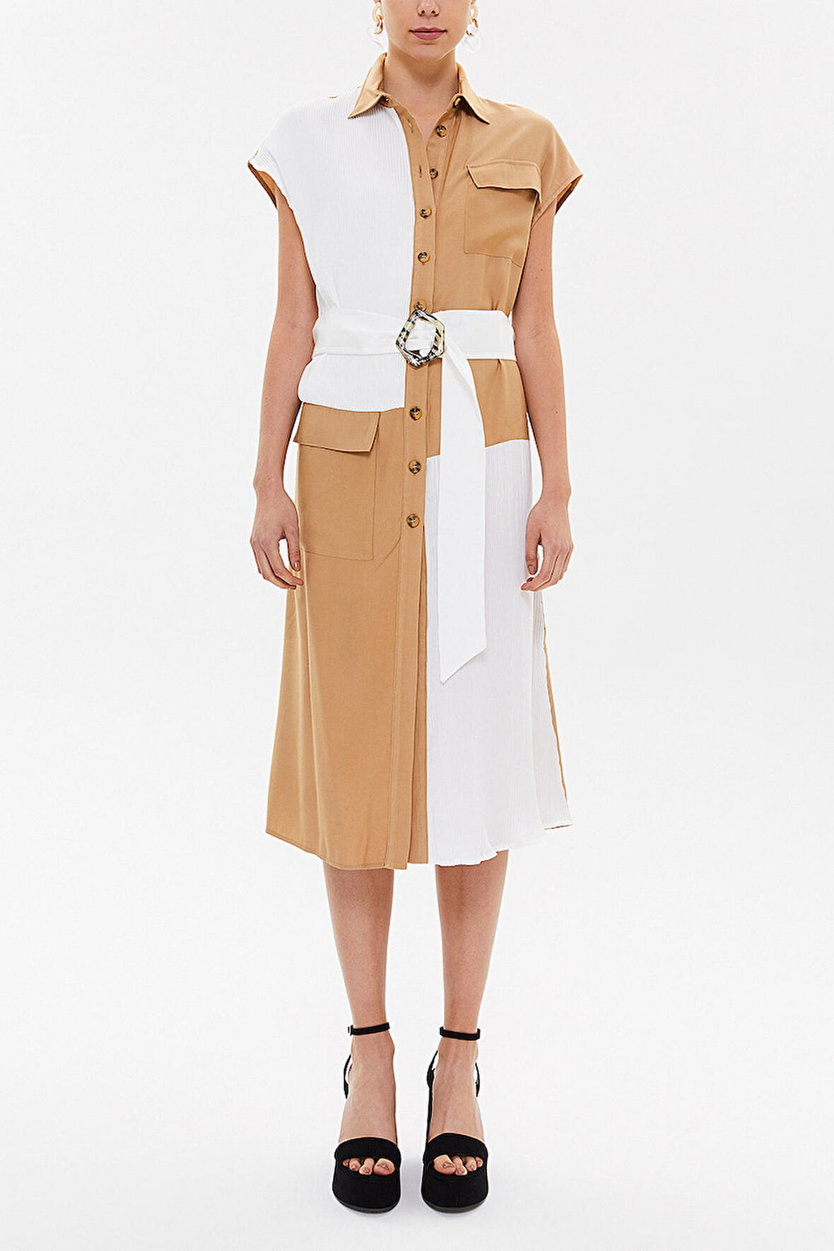 Bej Piliseli kemerli midi elbise 93288 | 42