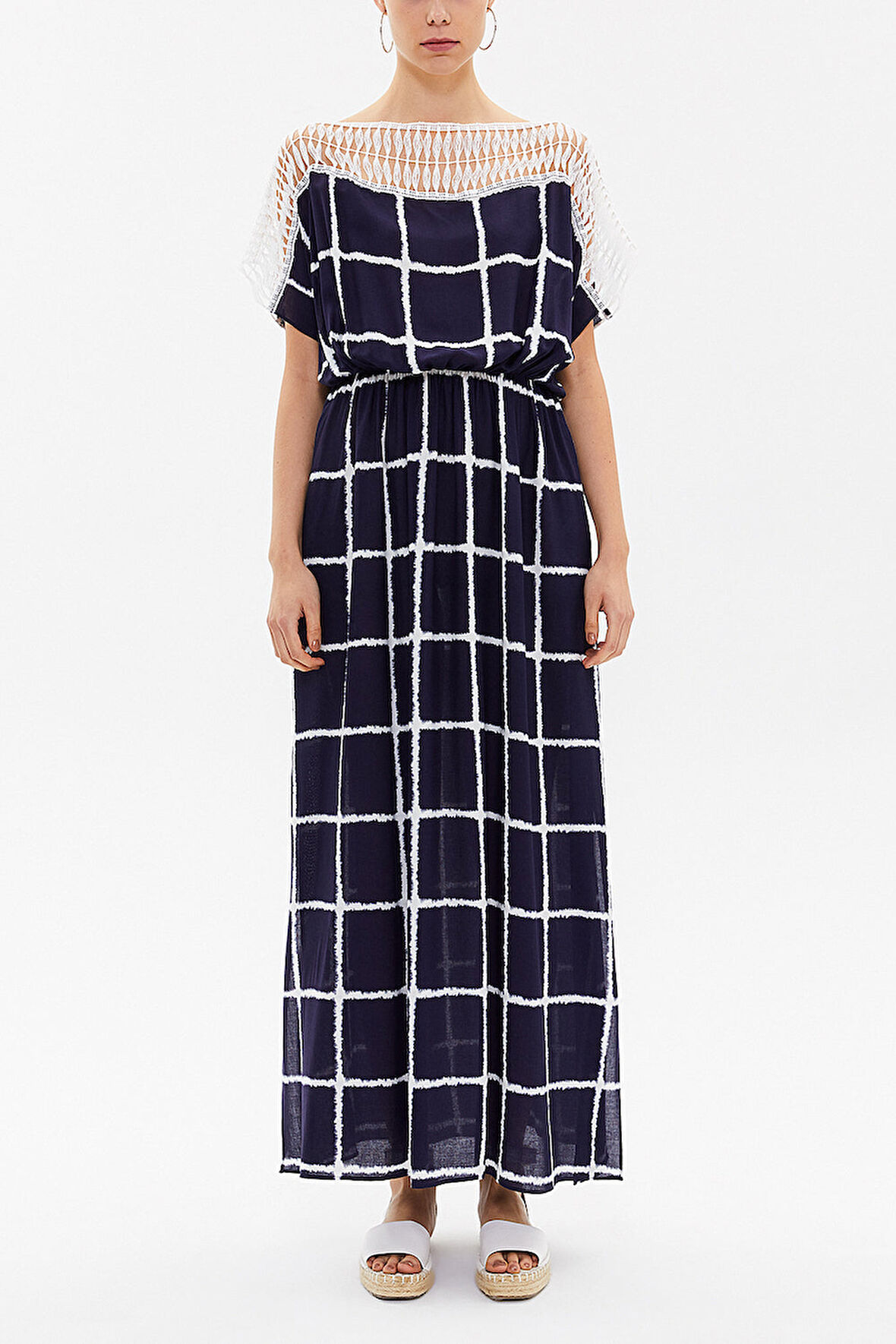 Mavi Yakası dantelli kuşaklı uzun elbise 93205 | 40