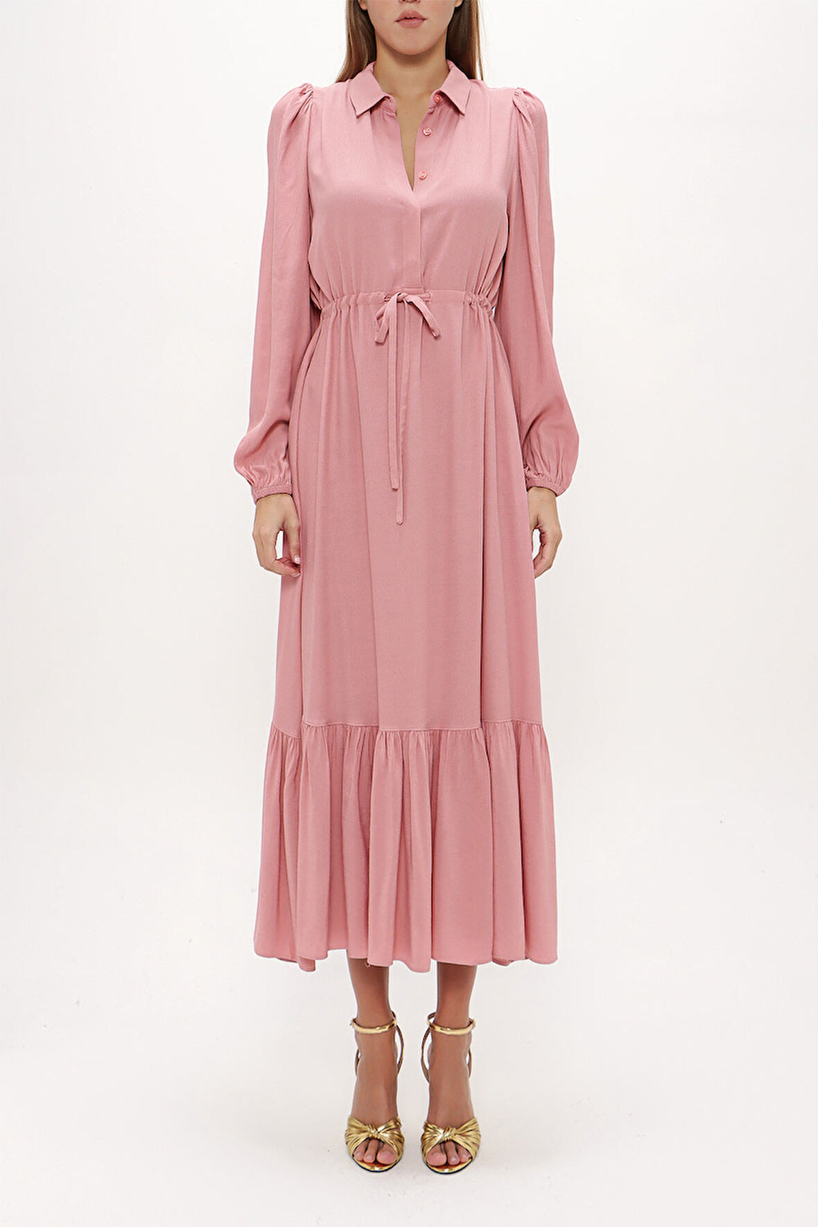 Pembe Büzgülü kemer detaylı midi elbise 93323 | 44