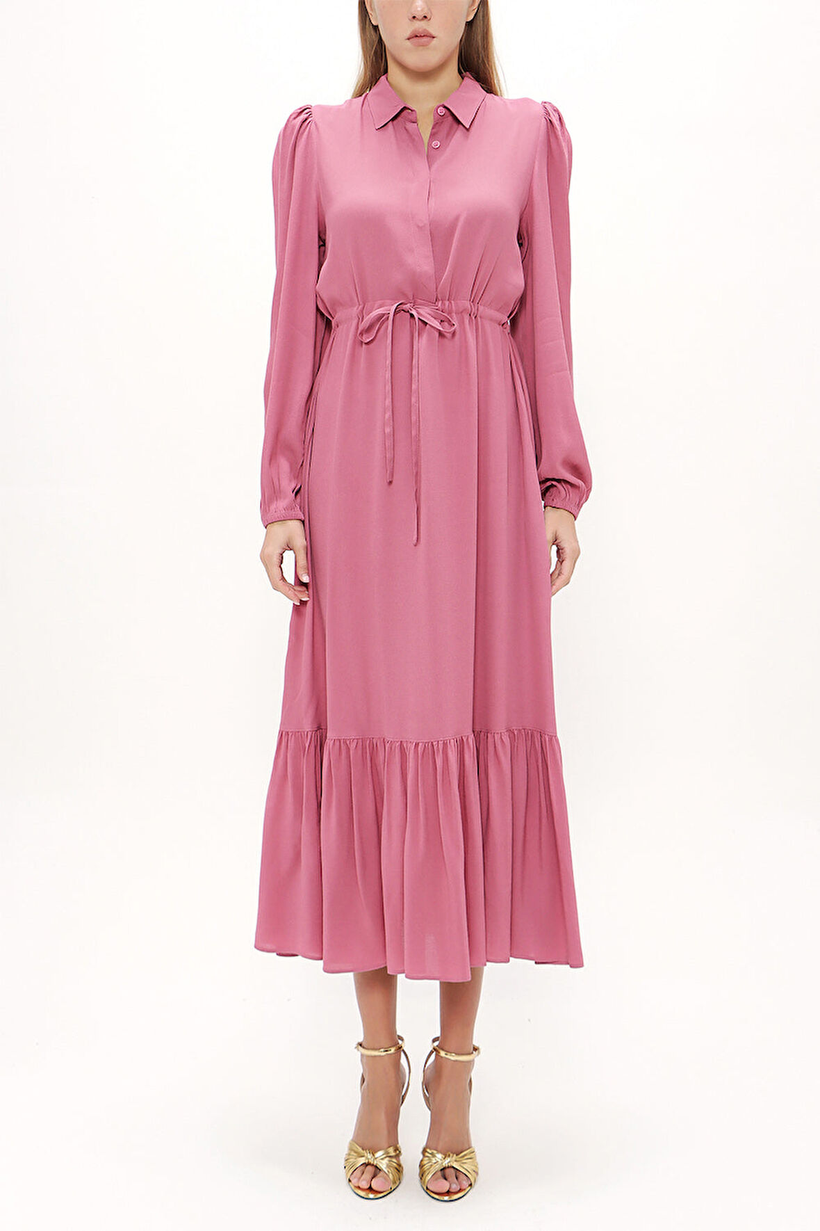 Koyu Pembe Büzgülü kemer detaylı midi elbise 93323 | 46