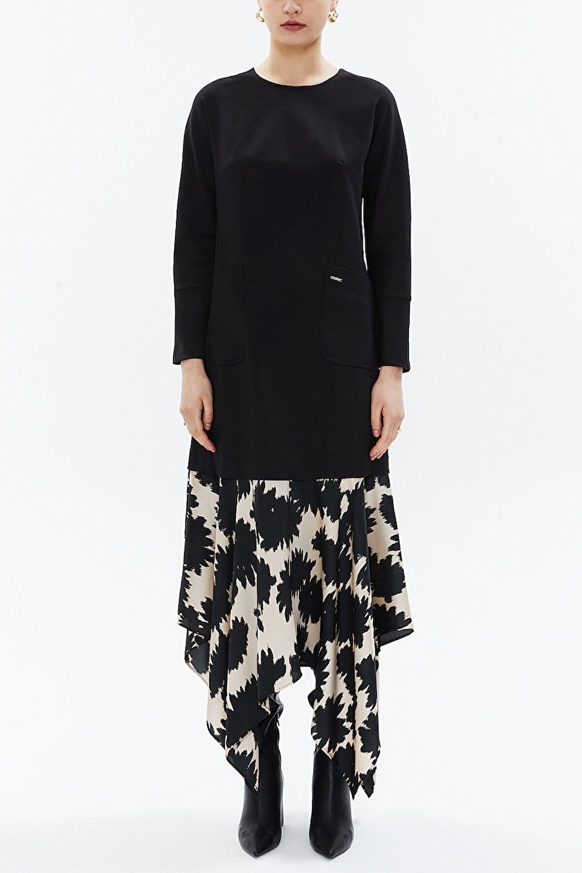 Siyah Desenli kumaş  kombinli asimetrik elbise 93308 | 40