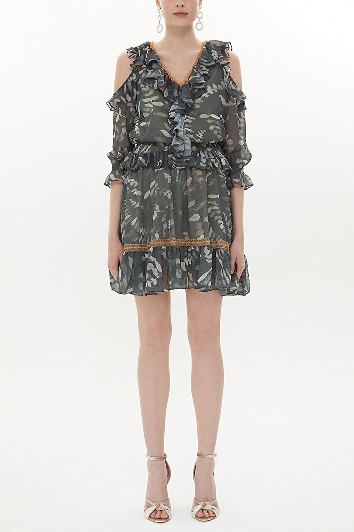 Yeşil Omuzu dekolte mini elbise 93139 | 44