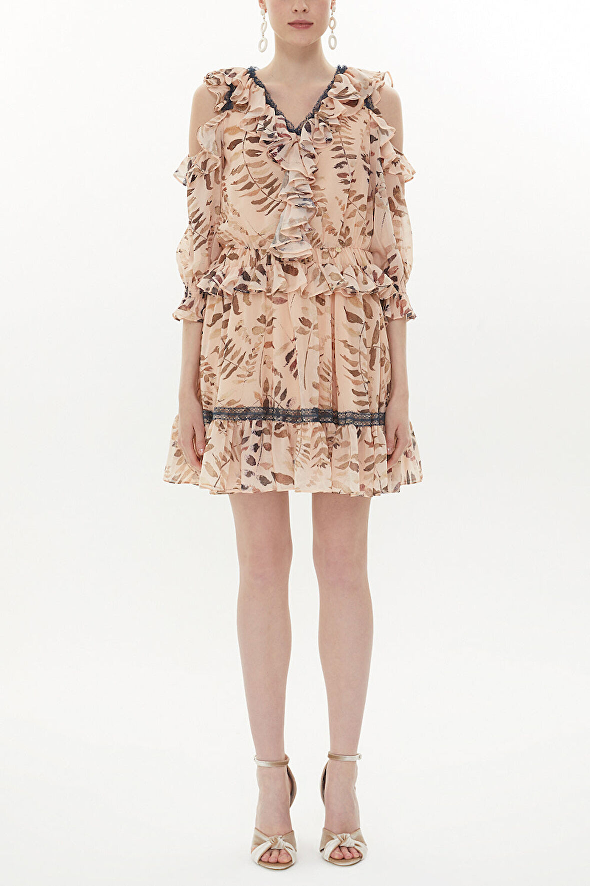 Bej Omuzu dekolte mini elbise 93139 | 40