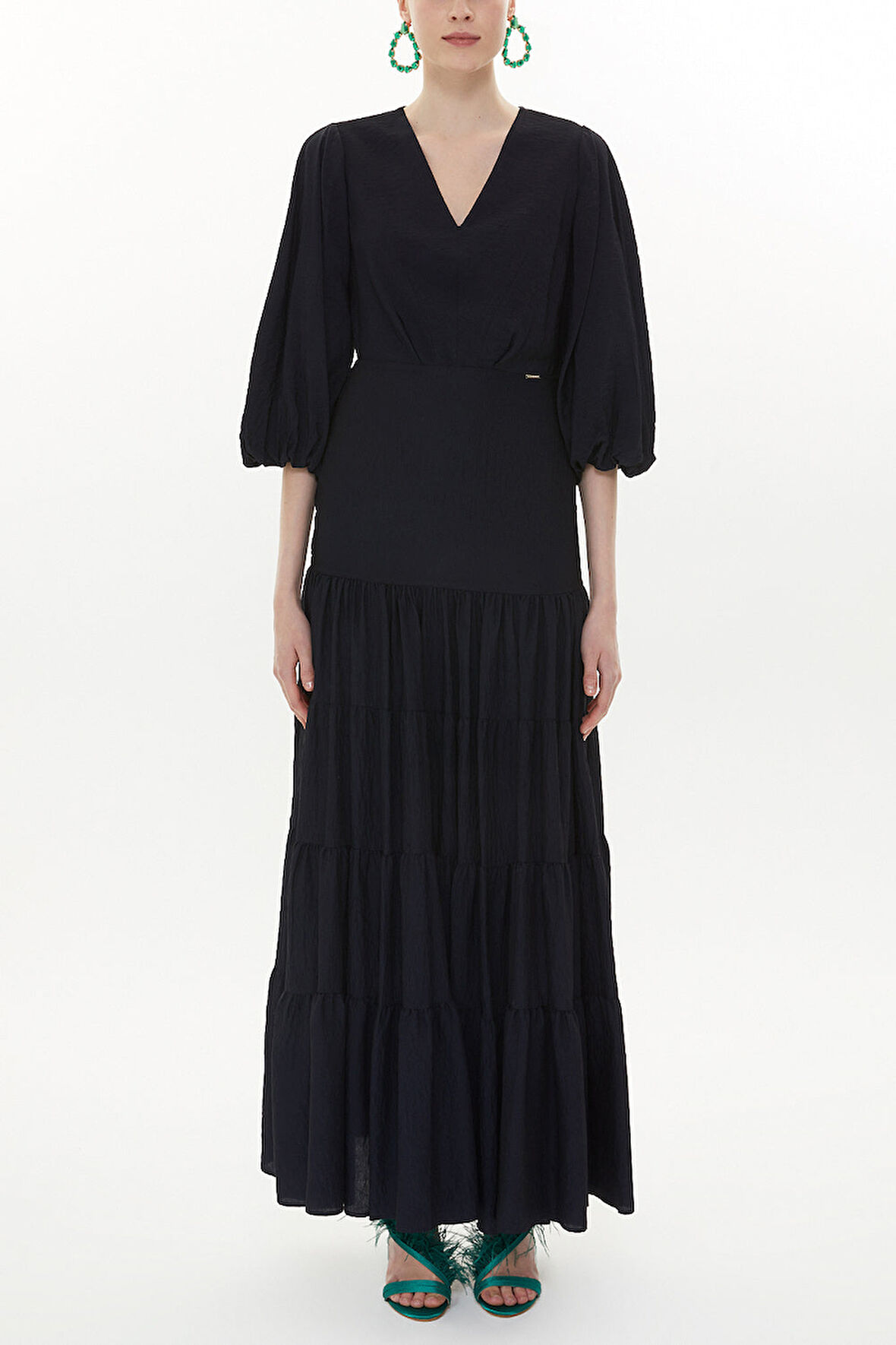 Siyah V yaka balon kol uzun elbise 93344 | 42