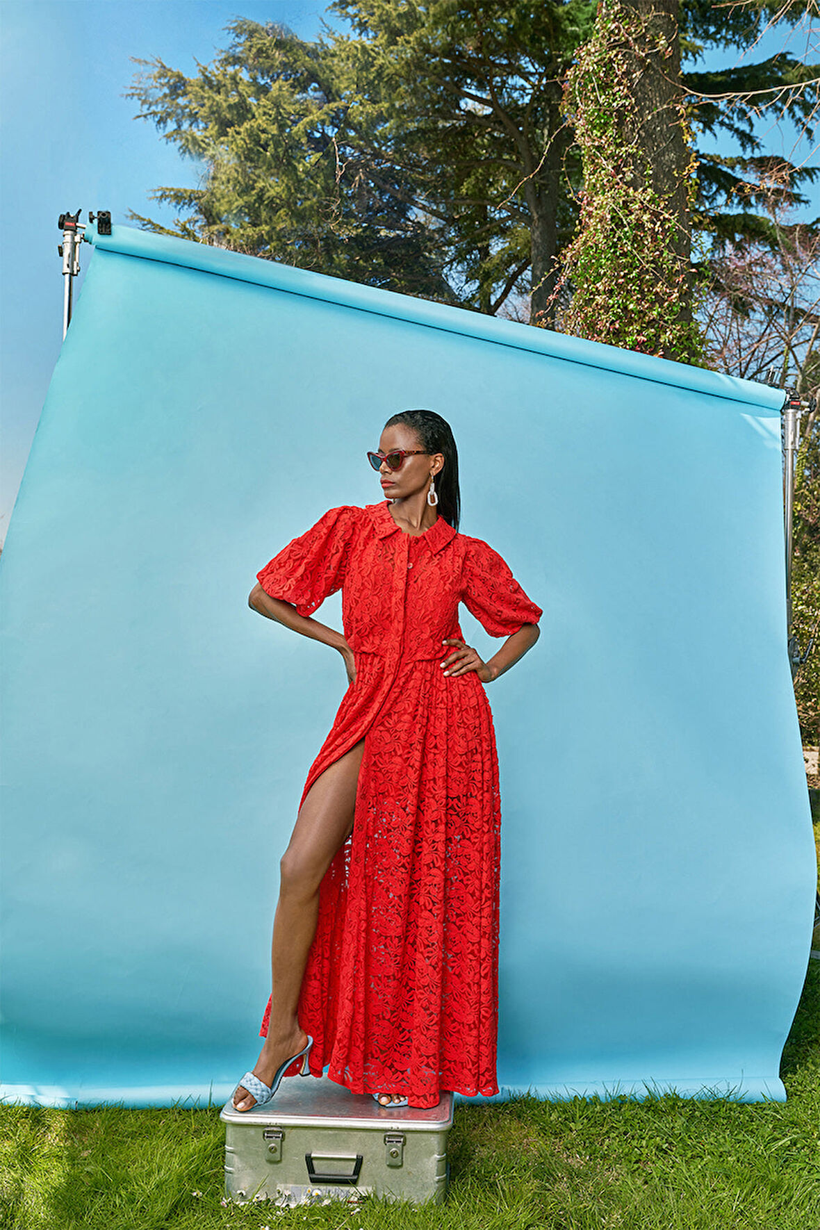 Kırmızı Kolları büzgülü uzun dantel elbise 93513 | 36