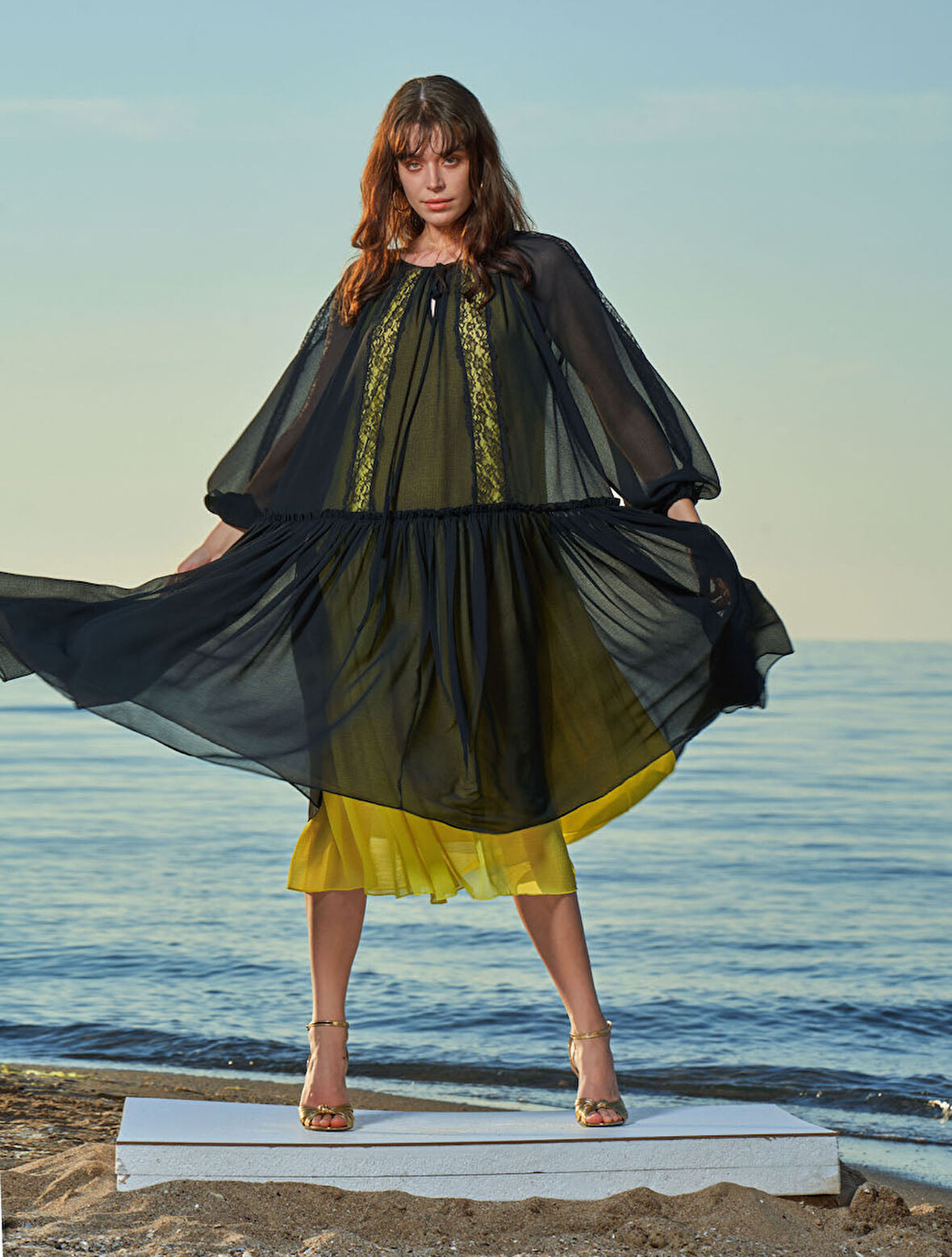 Siyah Dantel detaylı şifon elbise 93554 | 38