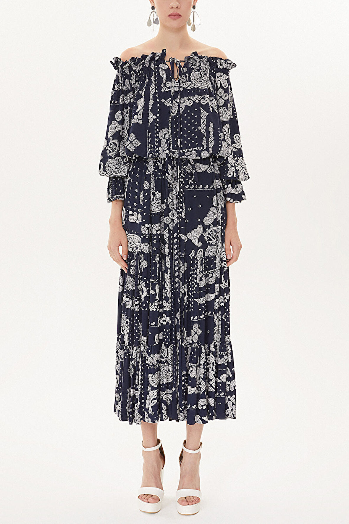 Lacivert Düşük omuzlu fırfırlı elbise 93465 | 40