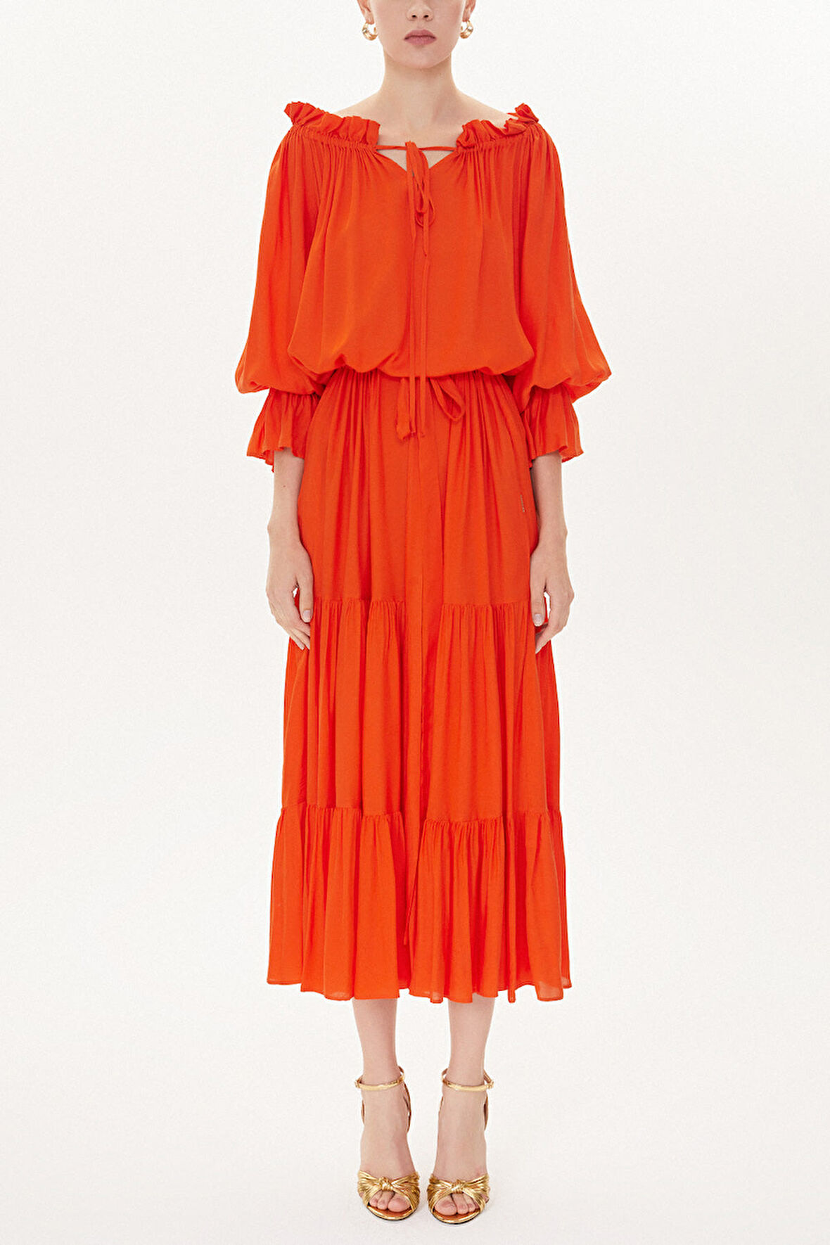 Kırmızı Düşük omuzlu fırfırlı elbise 93465 | 44