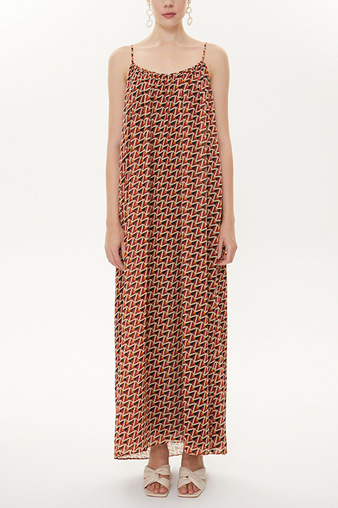 Kırmızı Desenli Askılı bol kesim elbise 93476 | 44