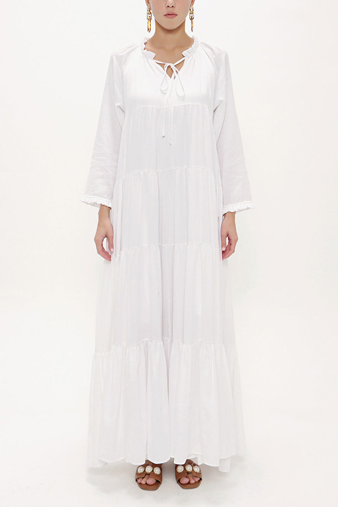 Beyaz Büzgülü bol kesim elbise 93473 | 42