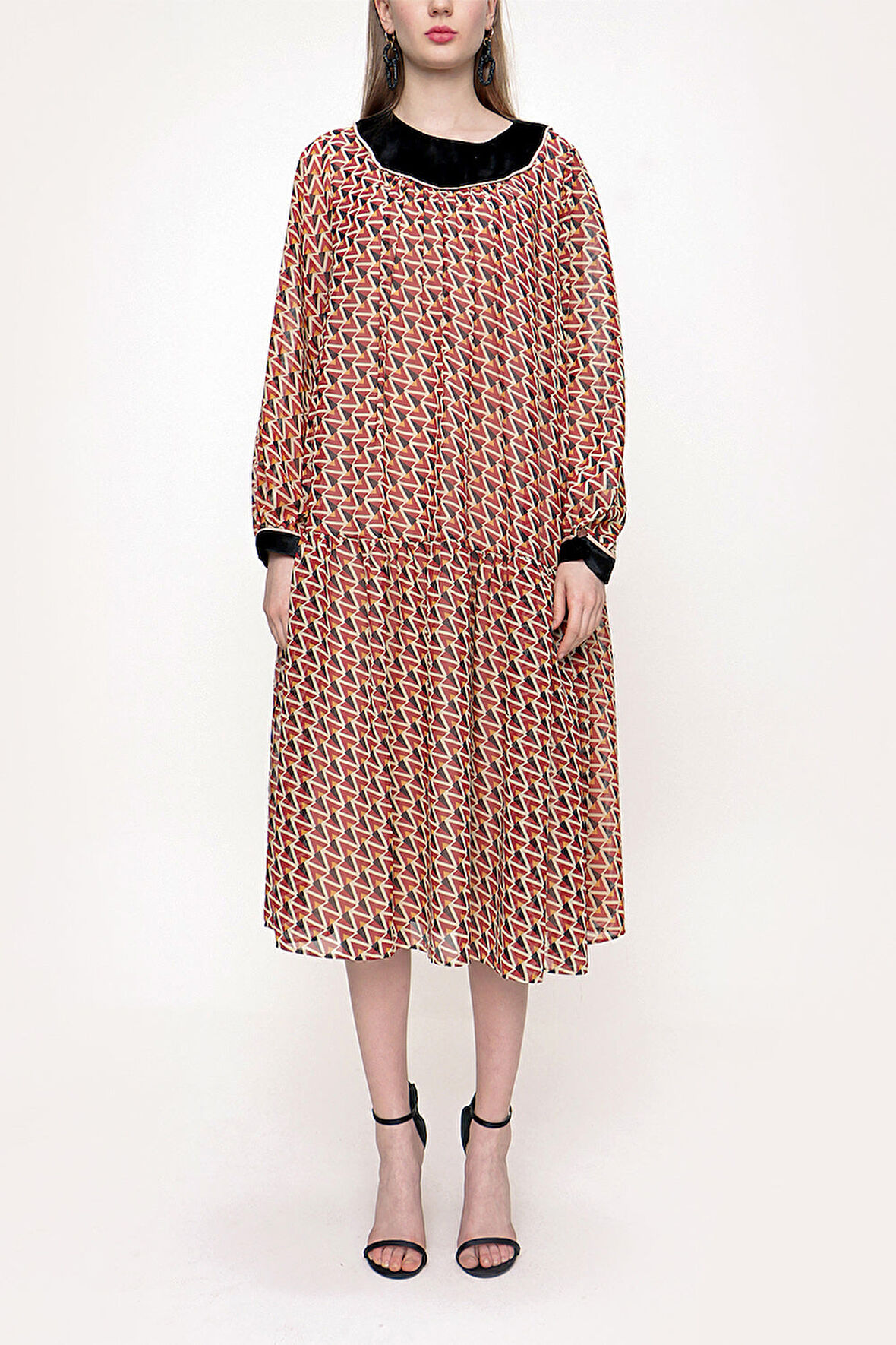 Desenli Büzgülü bol kesim elbise 93701 | M