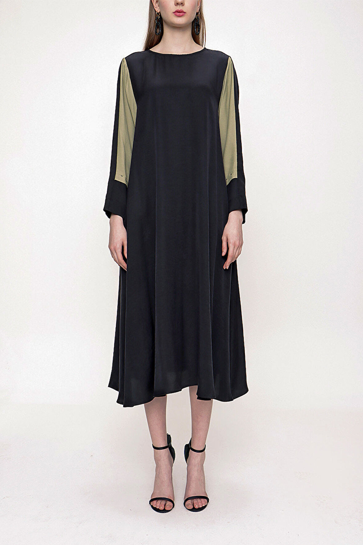 Haki Siyah Kontrast detaylı midi elbise 93721 | S