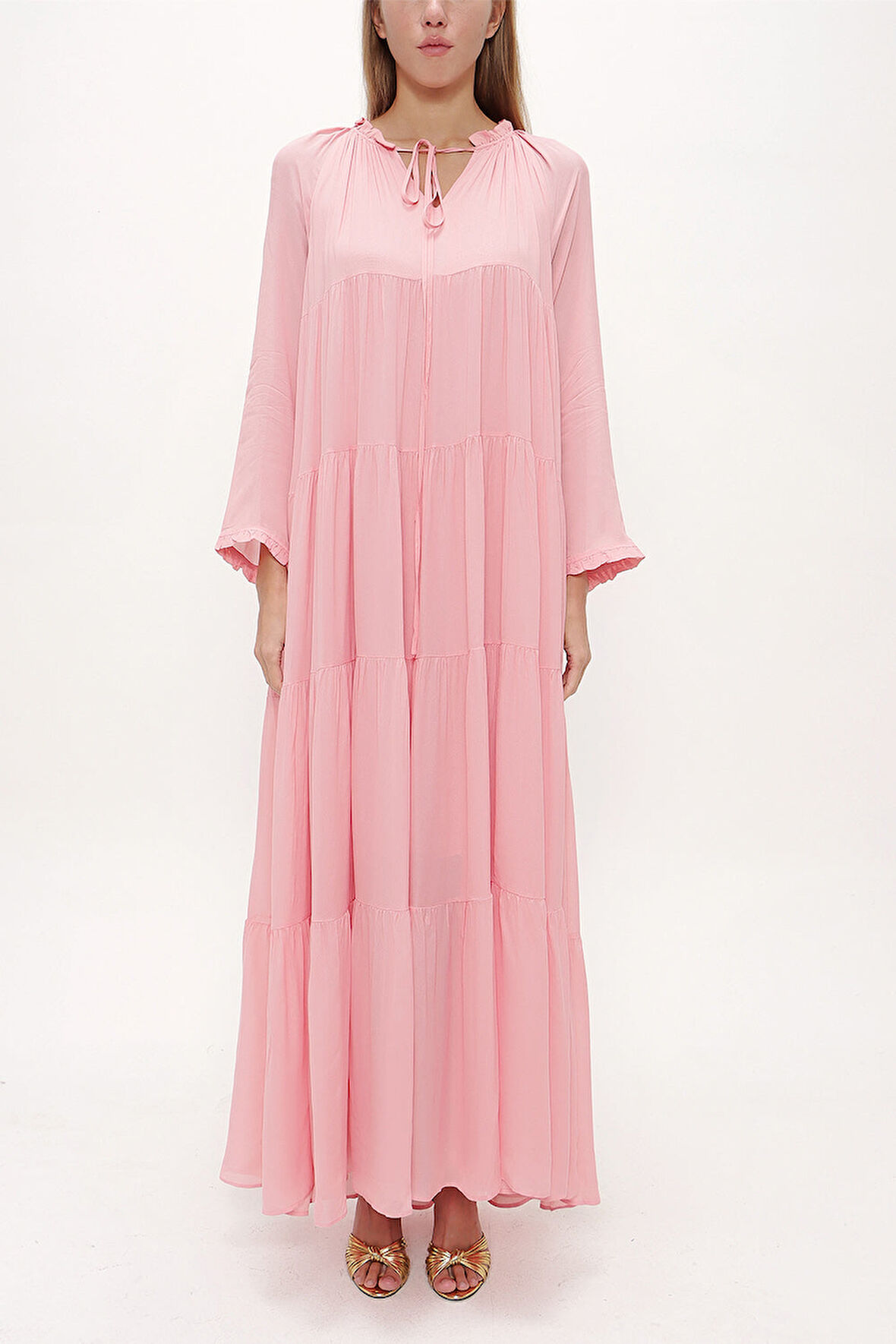 Pembe Bol kesim büzgülü uzun elbise 93742 | 50