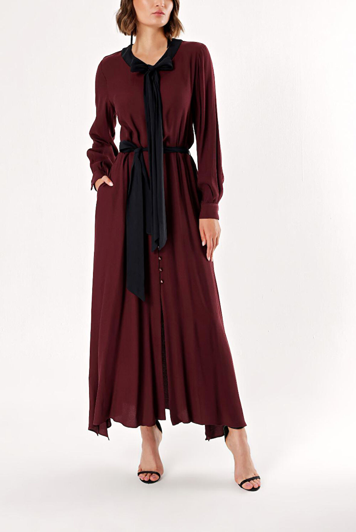 Bordo Düğme detaylı elbise 93486 | 40