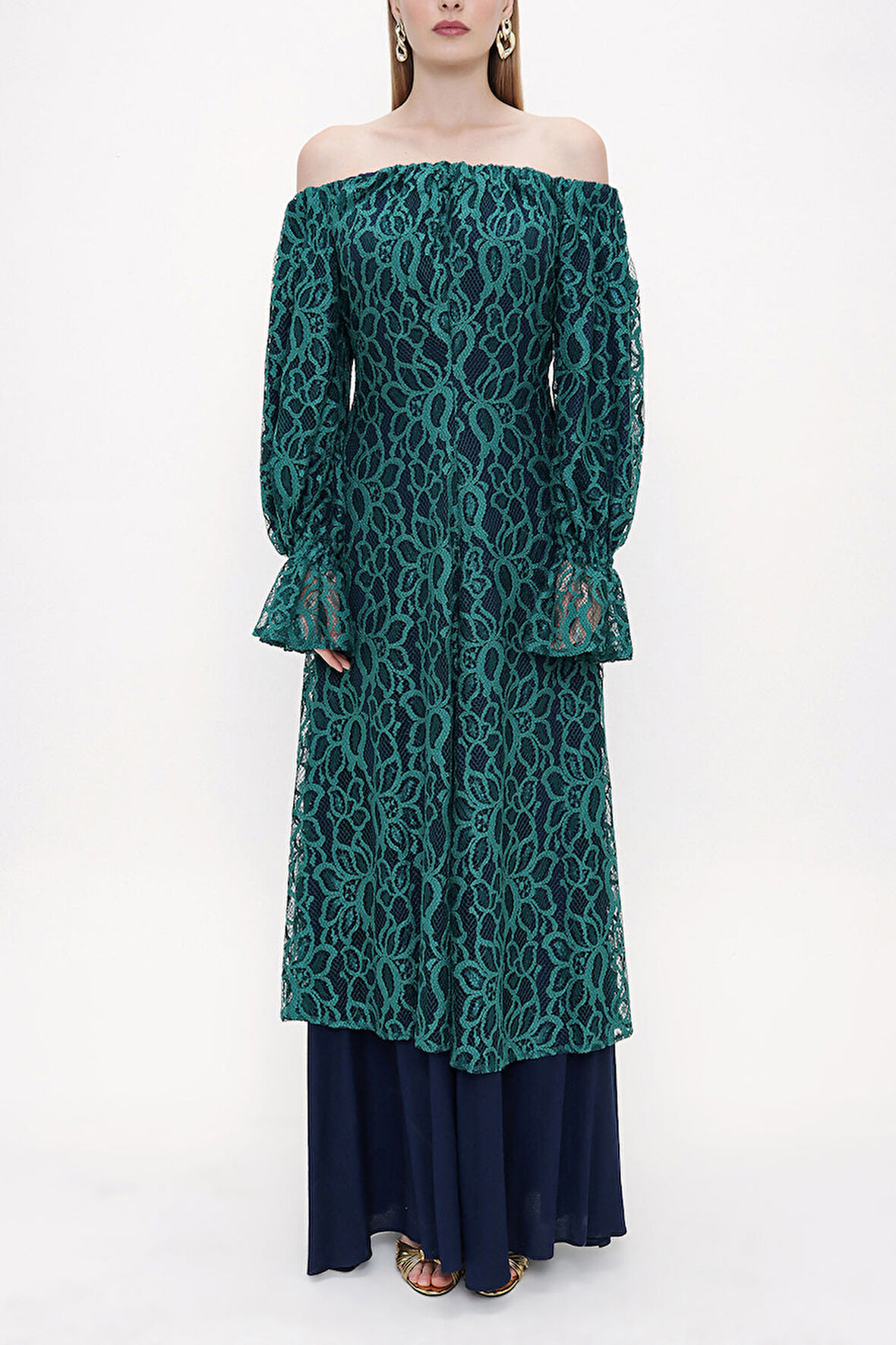 Yeşil Düşük omuzlu dantel elbise 93803 | 38