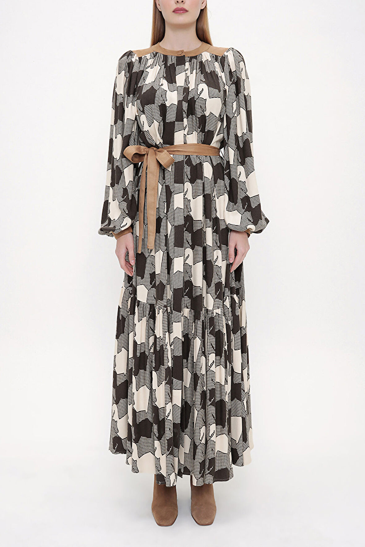 Desenli Büzgülü uzun gömlek elbise 93815 | 36