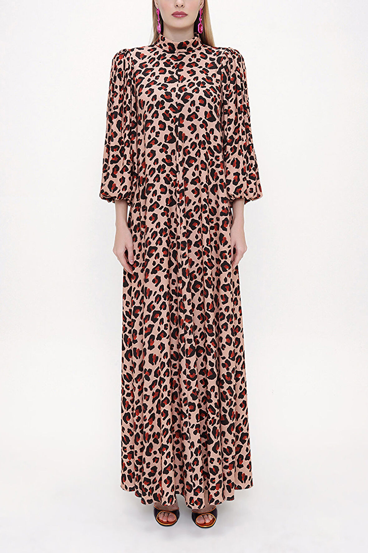 Leopar Balon kollu uzun elbise 93831 | 36