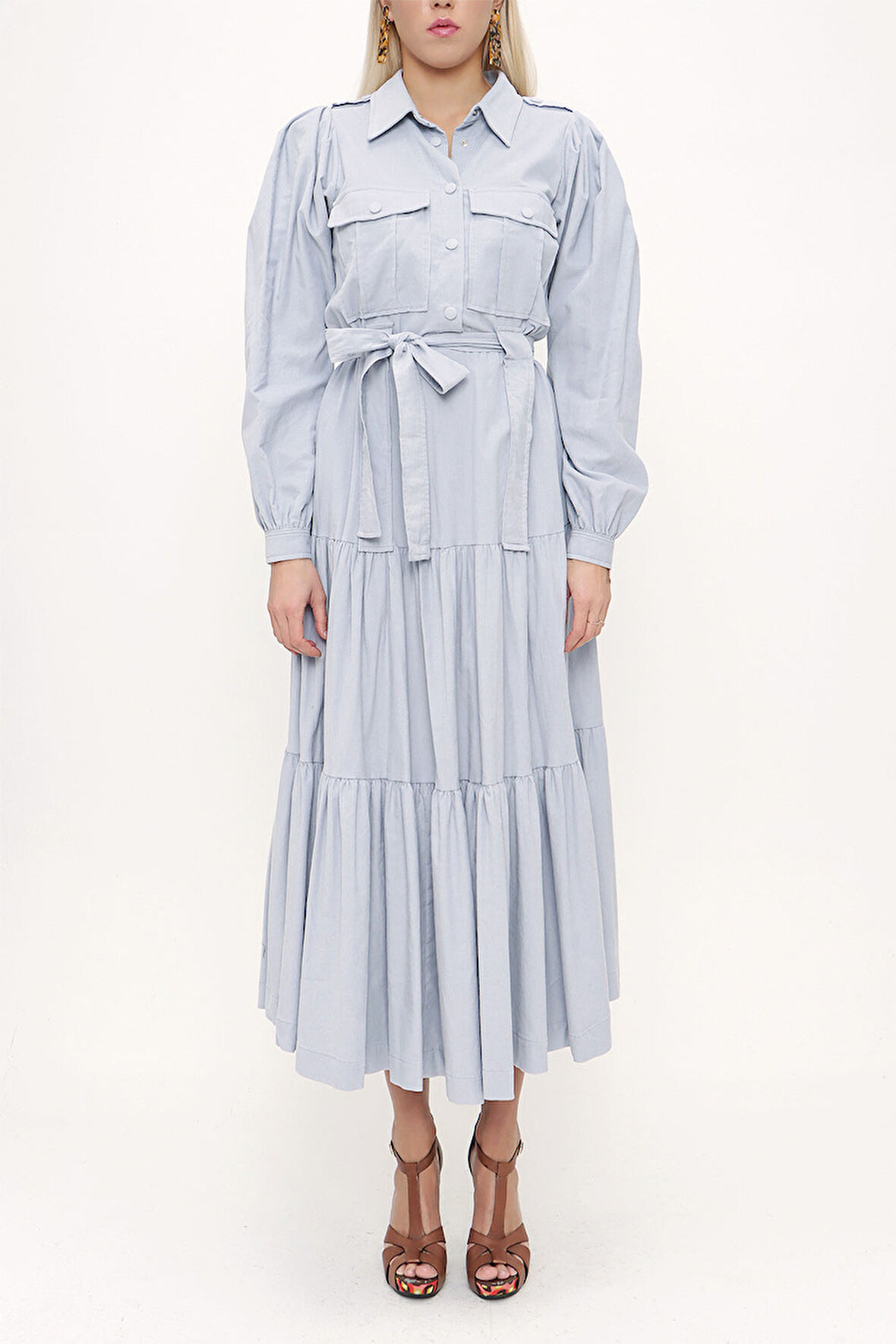 Açık Mavi Bol kesim büzgülü elbise 93756 | 42