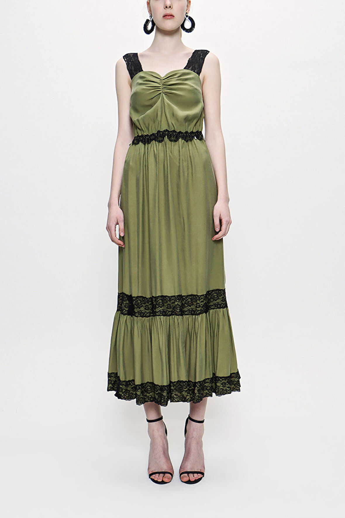 Haki Askılı dantelli elbise 93799 | L