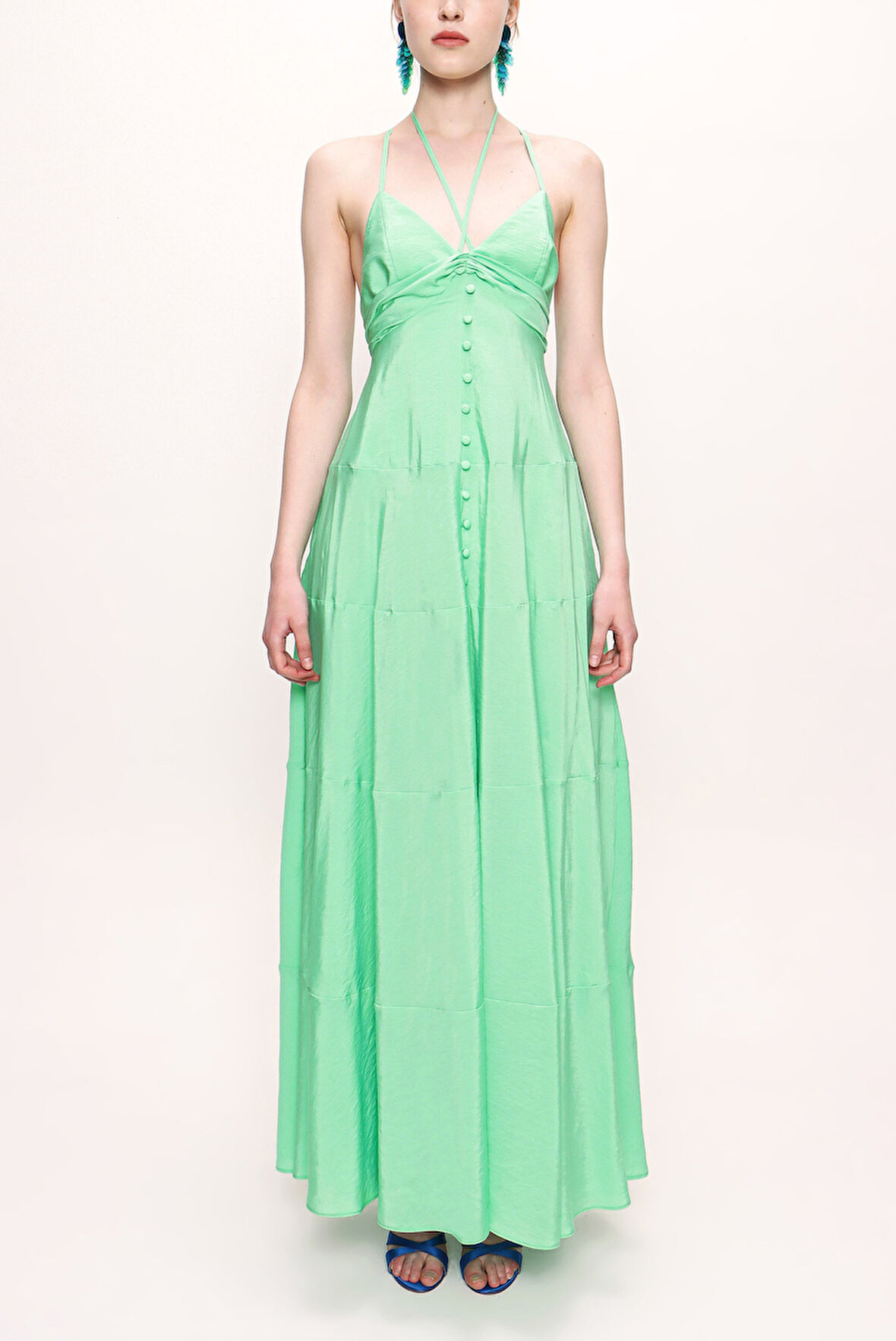 Su Yeşili Askılı V yaka elbise 93563 | S