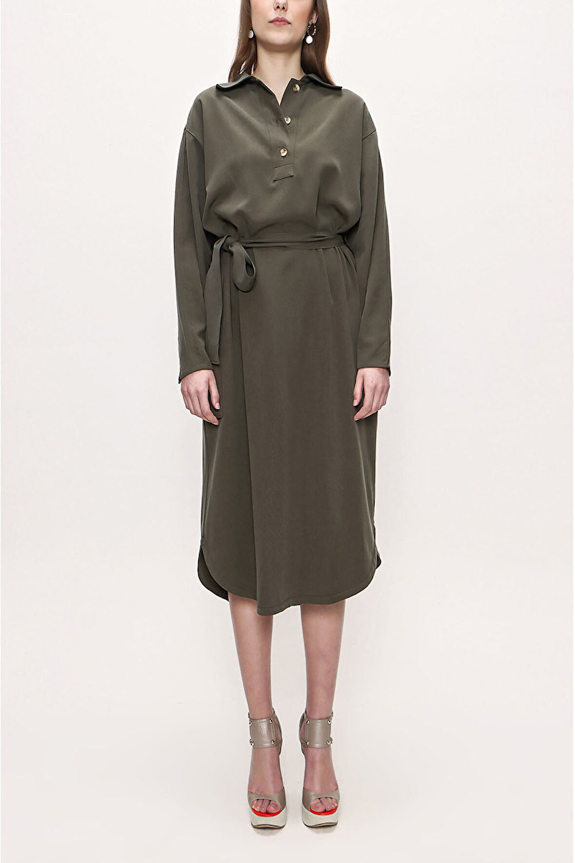 Haki Kemerli dökümlü elbise 93776 | L