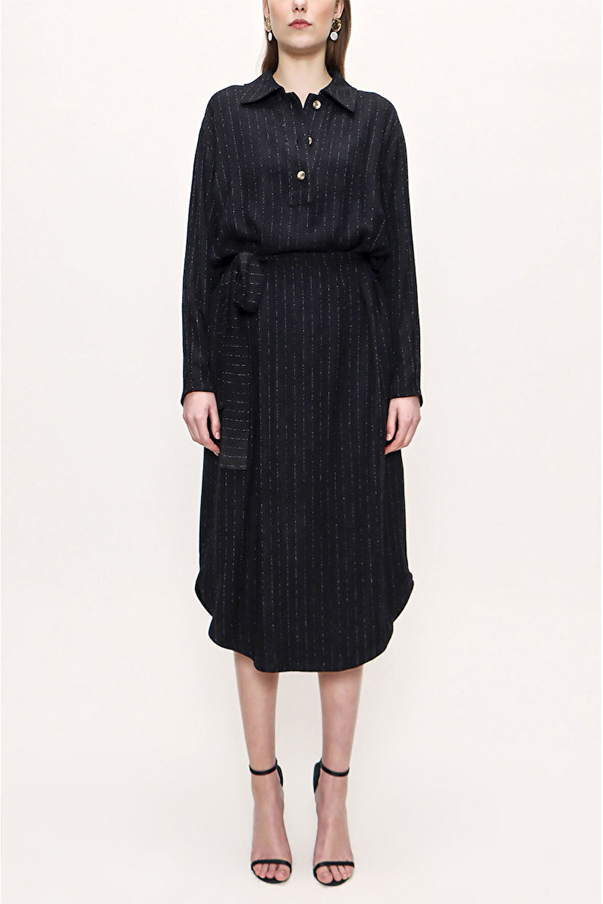 Çizgili Kemerli dökümlü elbise 93776 | M