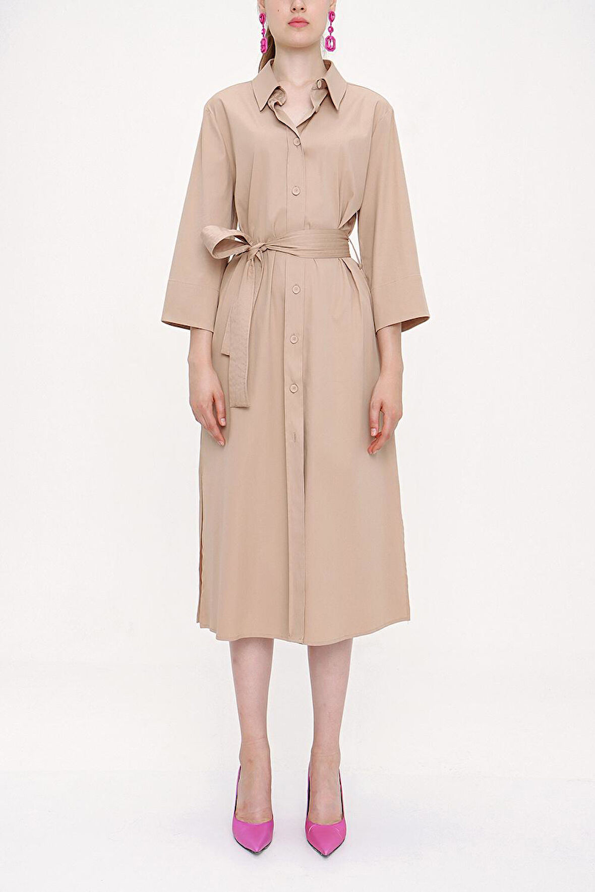 Bej Kemerli bol poplin elbise 93995 | M