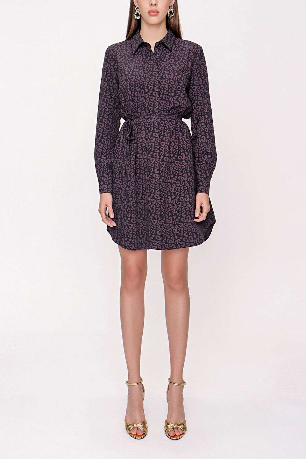 Siyah Mor Kemerli gömlek elbise 94006 | S
