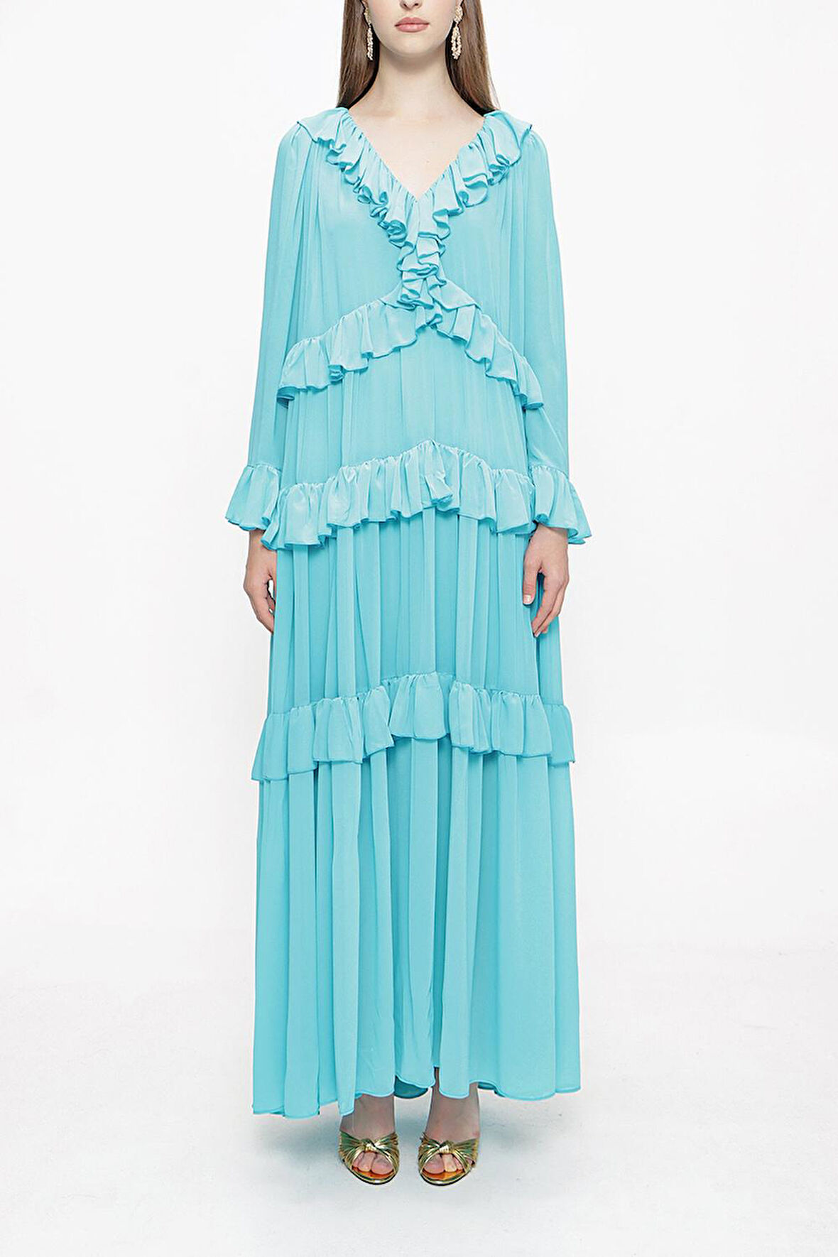 Turkuaz Büzgülü bol kesim elbise 94037 | L