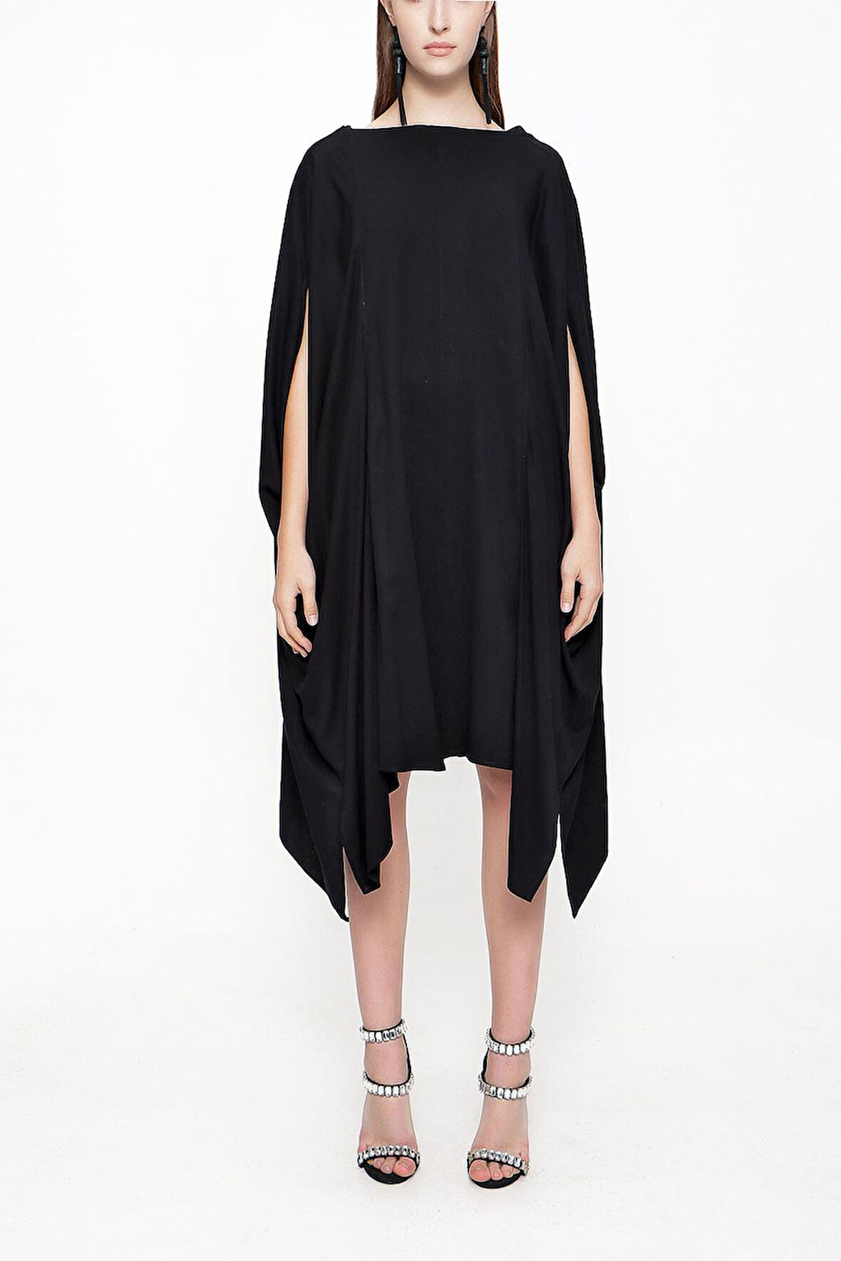 Siyah Asimetrik kesim bol elbise 94051 | M