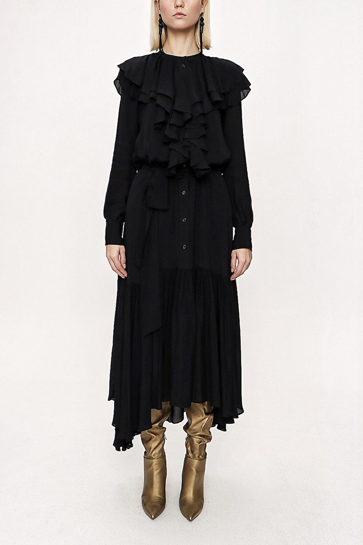 Siyah Valonlu uzun elbise 94042 | M