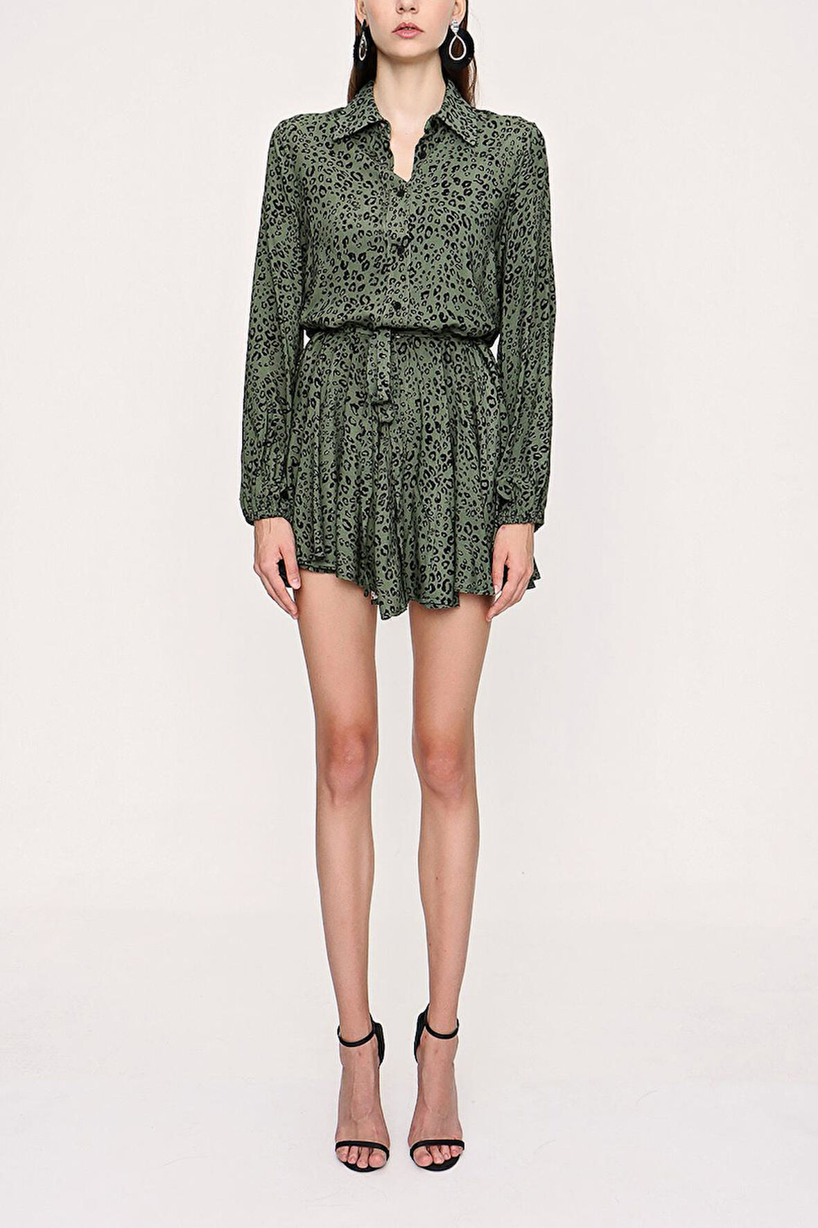 Haki Eteği valonlu gömlek elbise 94075 | L