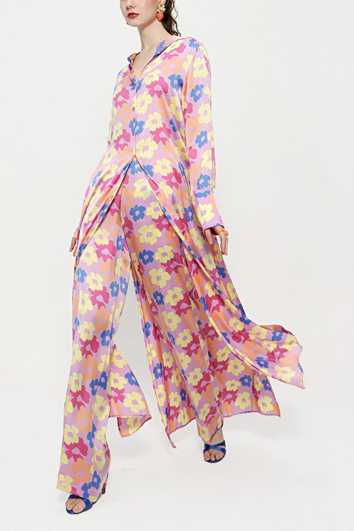 Desenli Beli lastikli pantolonlu ikili takım 12286 | M