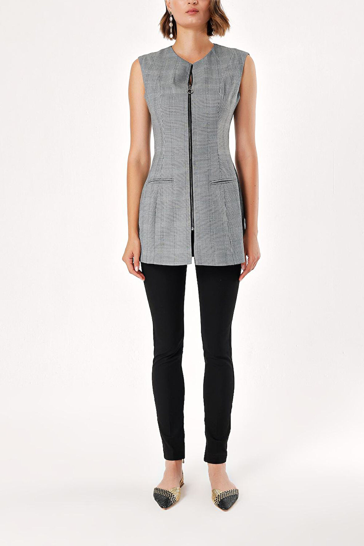Siyah Beyaz Fermuarlı slim fit yelek 61154 | M