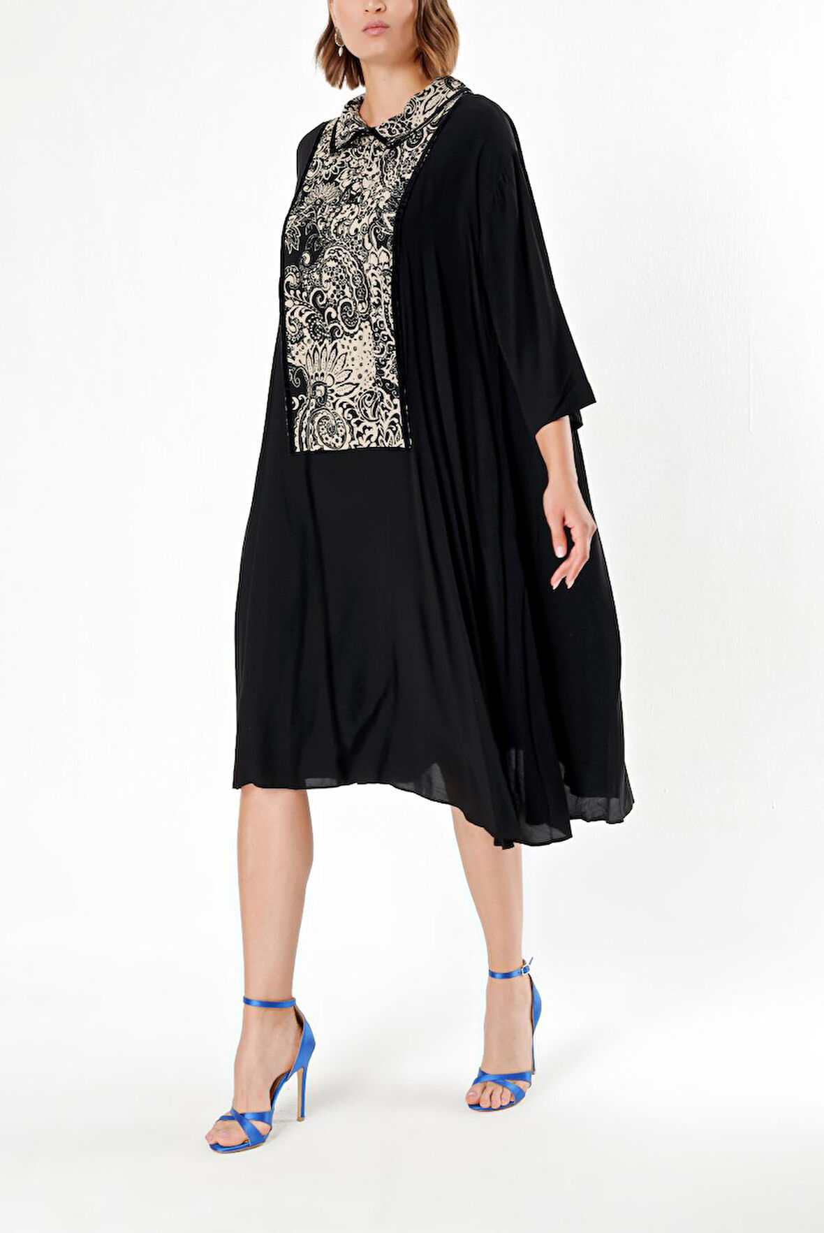 Siyah Bej Dantel detaylı bol kesim elbise 94120 | M