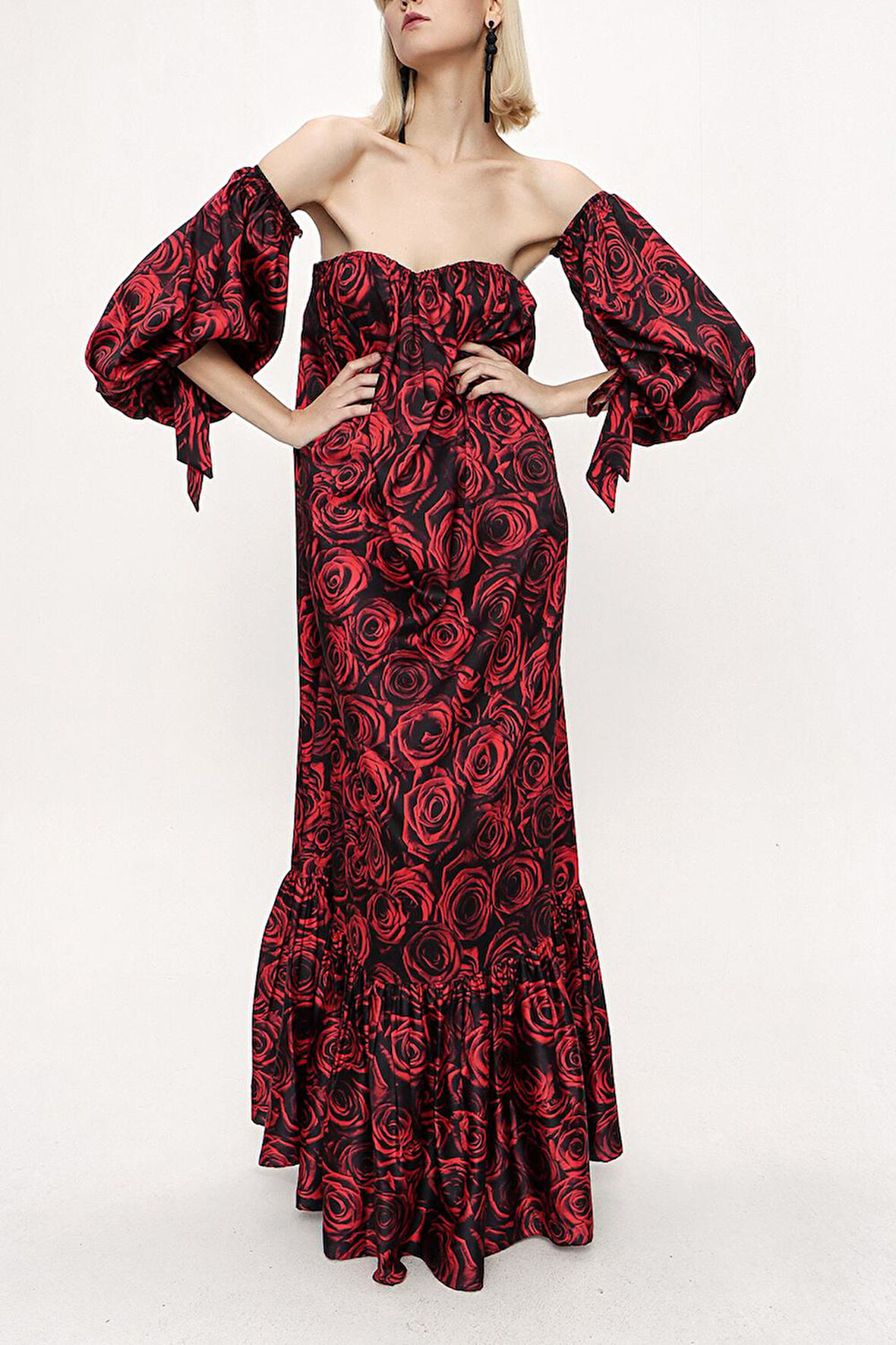 Desenli Straplez desenli balon kol elbise 94053 | M