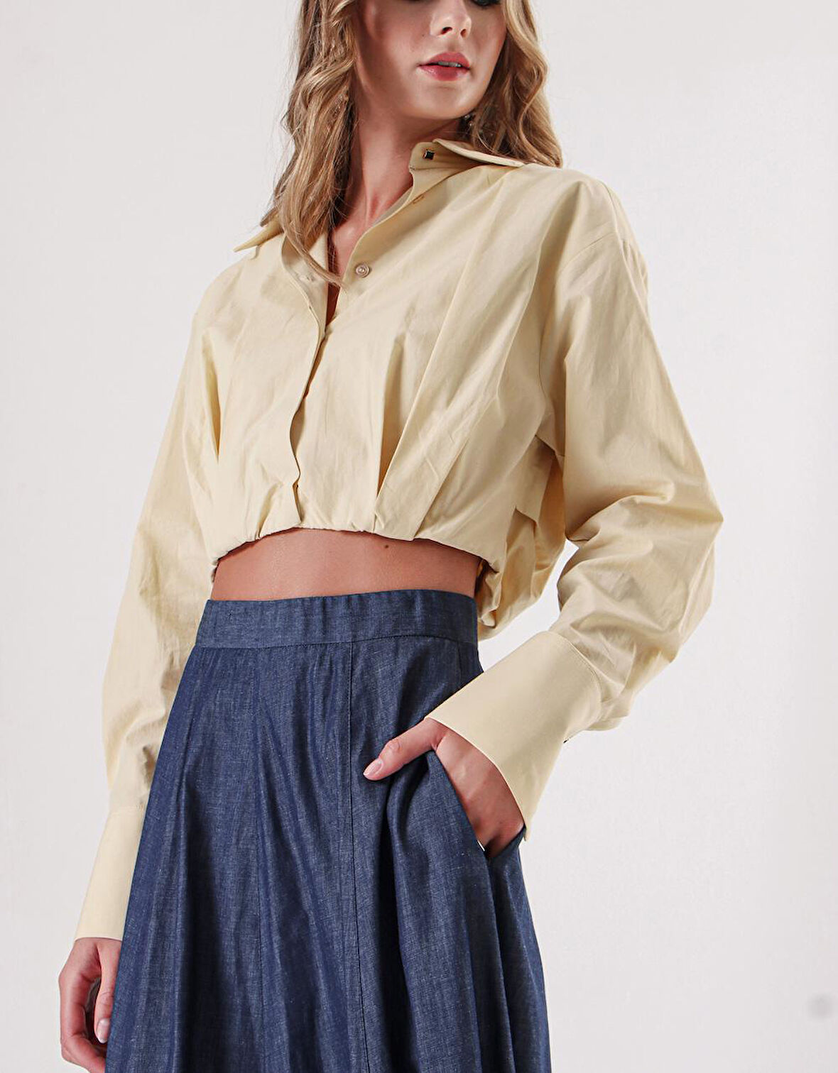 Bej Bol kesim lastik detaylı gömlek 10818 | S