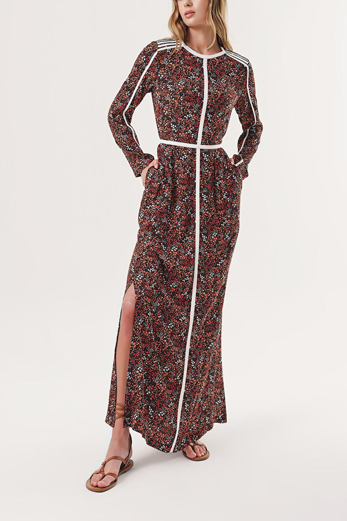 Turuncu Kontrast biye detaylı uzun elbise 94110 | S