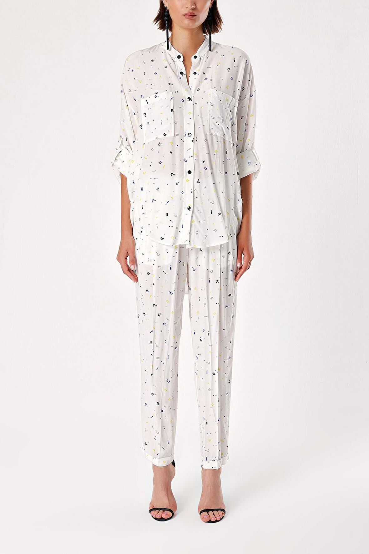 Desenli Bol kesim gömlek ve beli lastikli pantolunlu takım 12308 | L