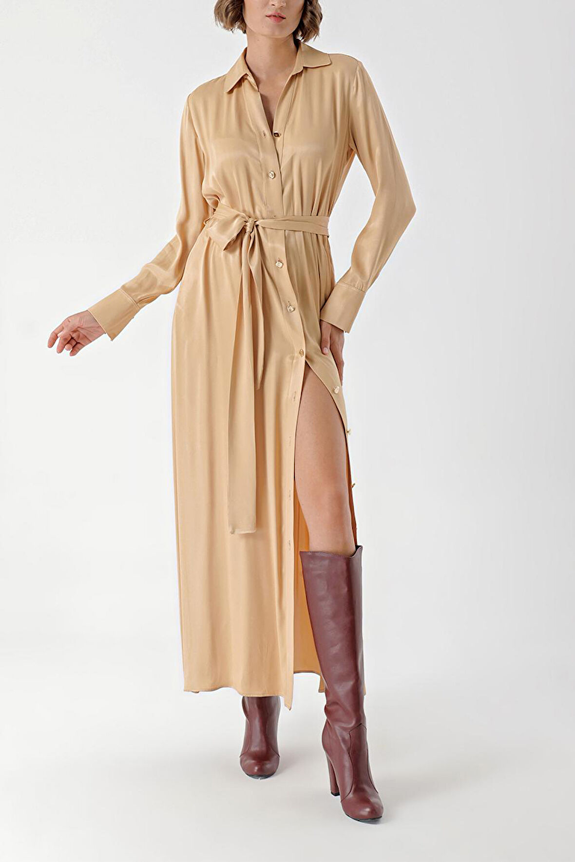 Bej Bol kesim gömlek elbise 94269 | L