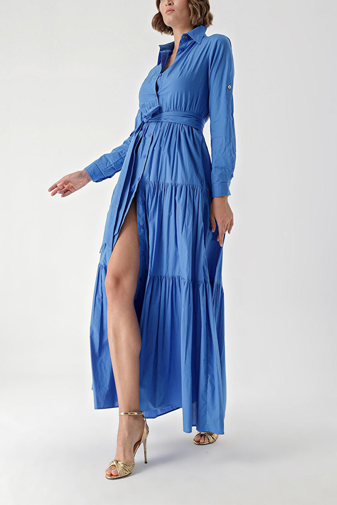 Mavi Büzgülü gömlek elbise 94241 | S